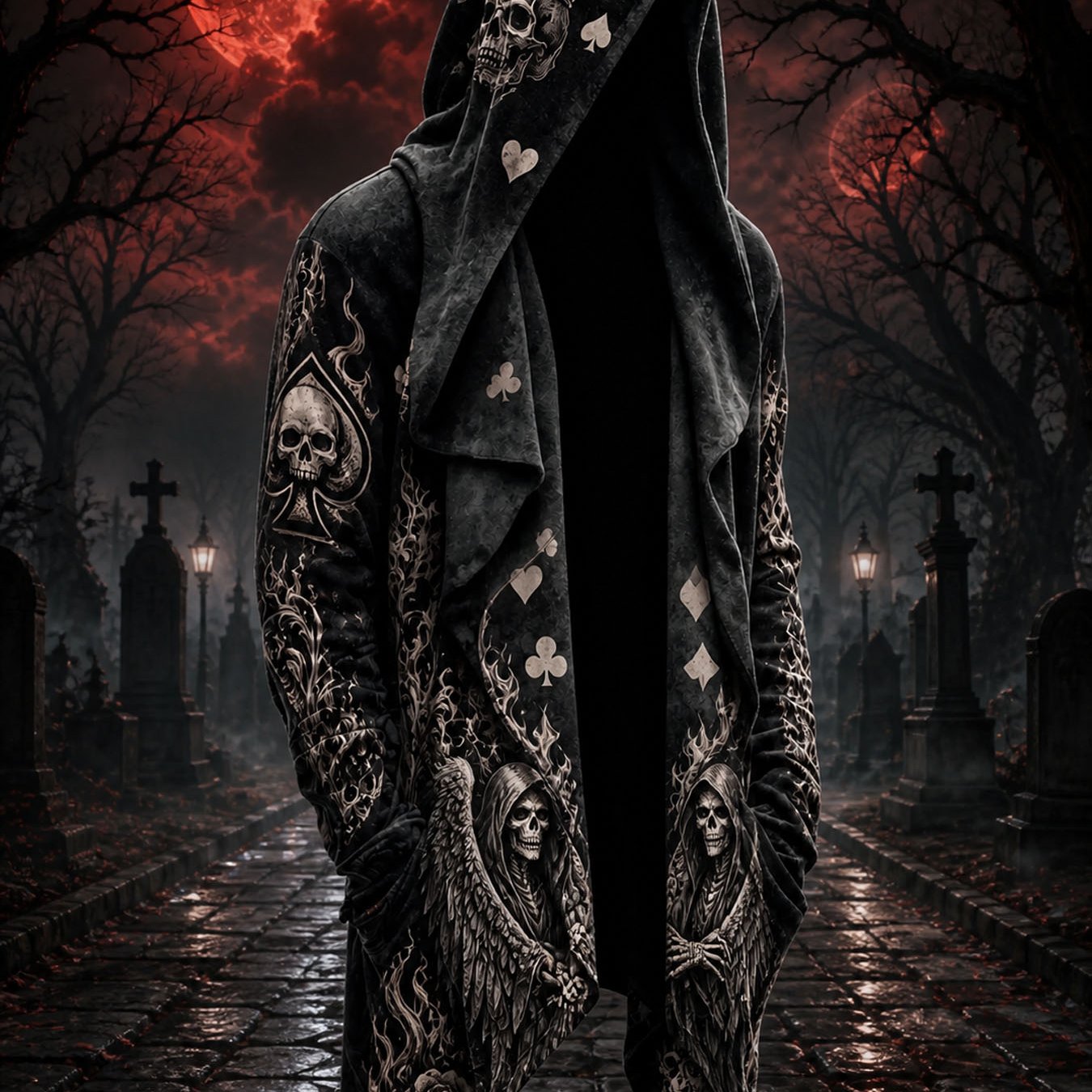 Image of Men's Gothic Skull Halloween Long Buttonless Hoodie Cardigan, Edgy Dark Style Halloween Clothing Perfect For Parties And Street Wear Fashion