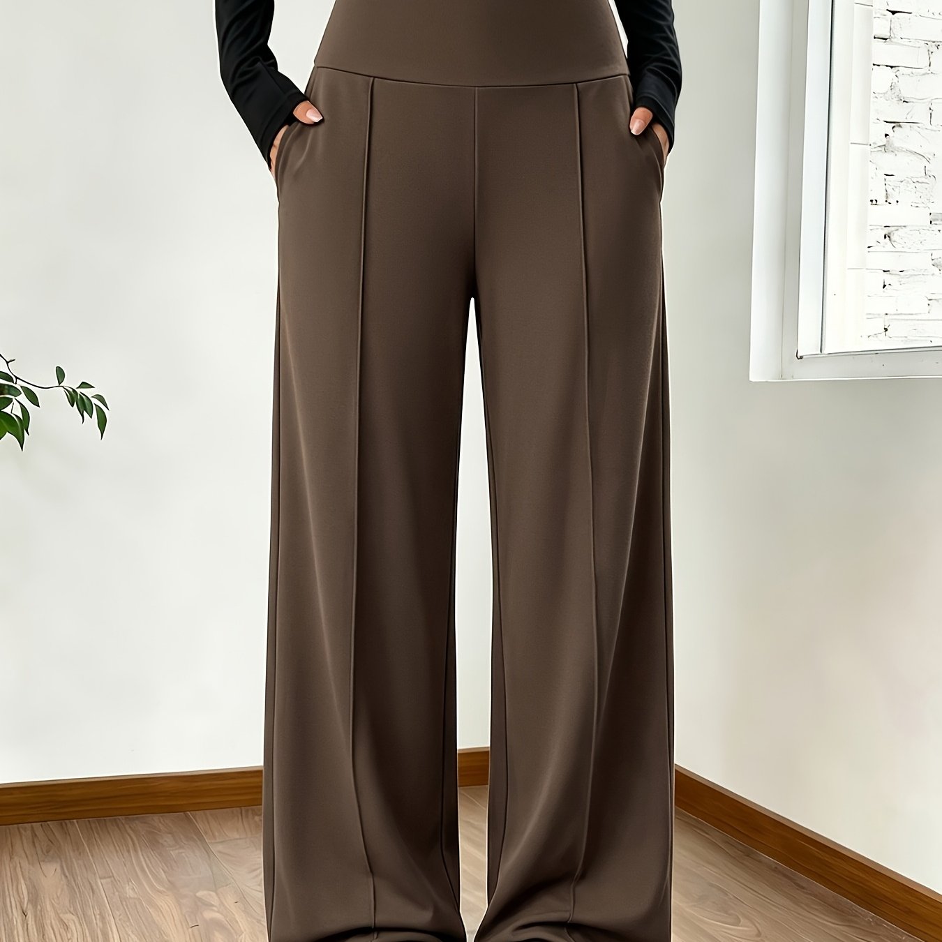TEMU 1pc Women's European/ High-waisted Wide-leg Pants With Pockets, Loose Fit Casual Bottoms, Smooth Fabric Suitable For High-waisted Straight-leg