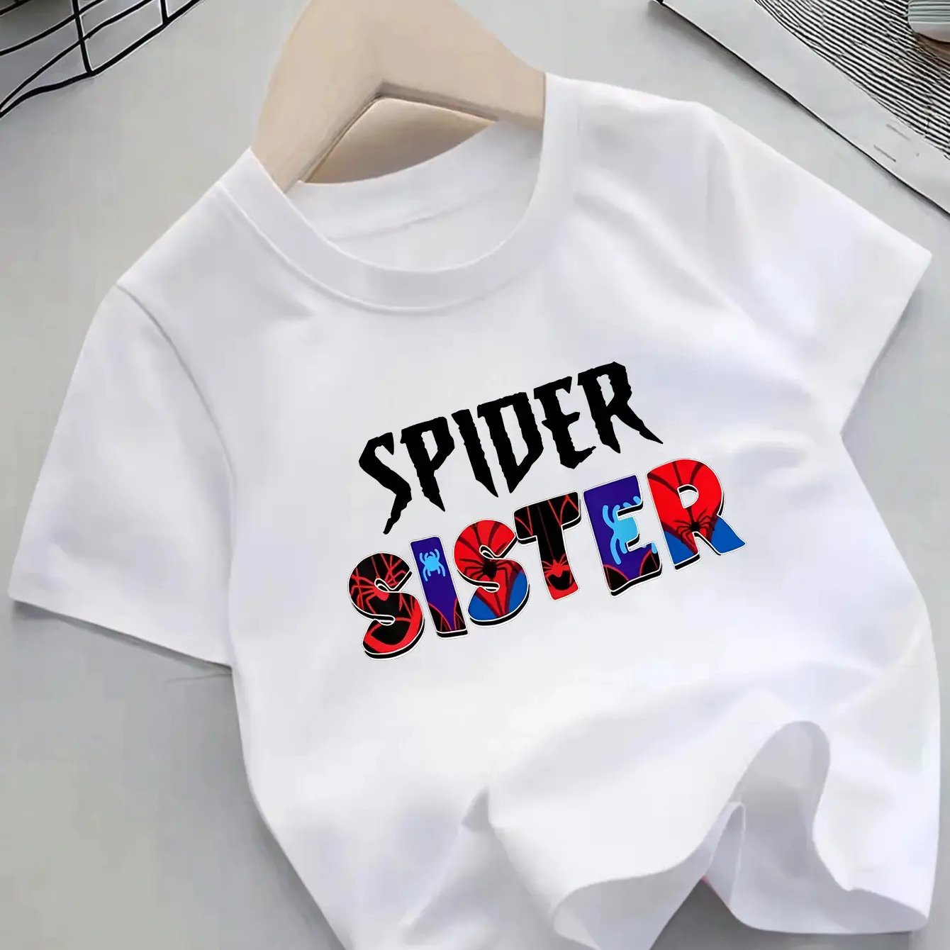 Round Neck T-shirt Featuring A Spider Sister Print, Easy Yet Stylish And Trendy, Perfect For Casual Attire, For Teenager