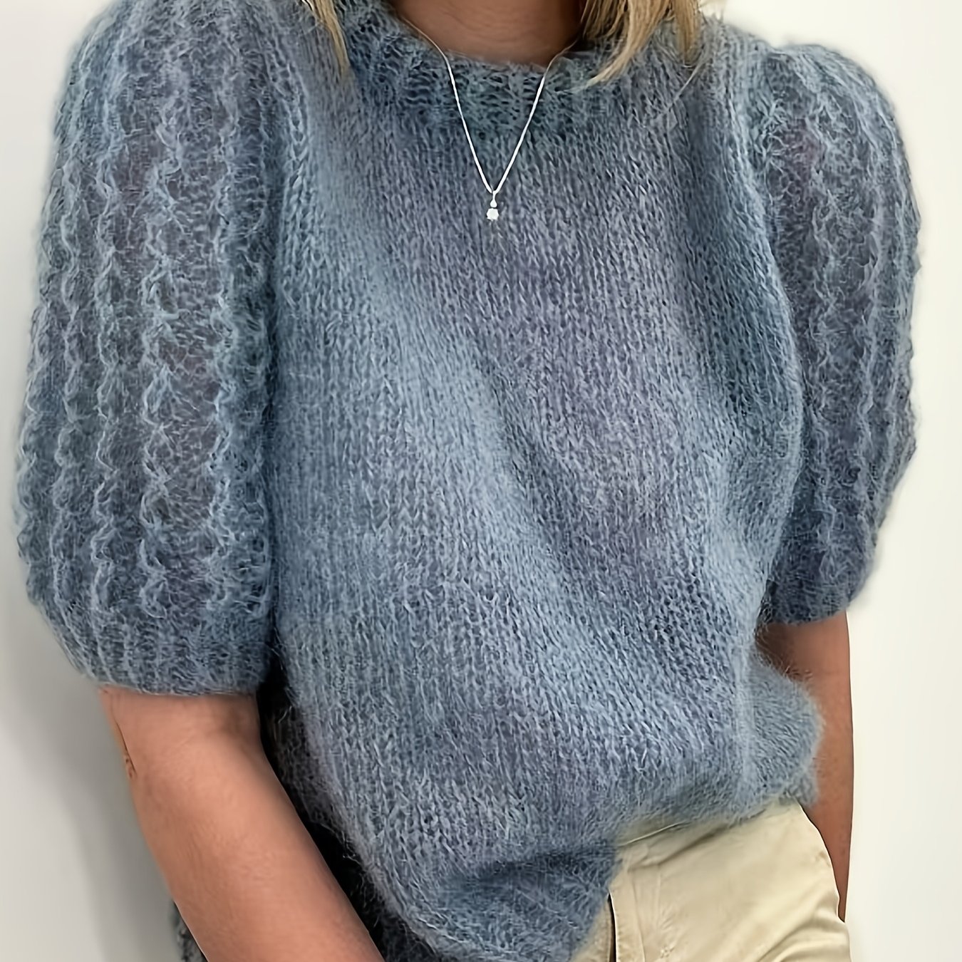 TEMU Women's Mahair Sweater Short-sleeve Sweater - Round Neck Solid Color Pullover Top, Soft Non- Blouse-compatible For - Wear Suitable For Casual,