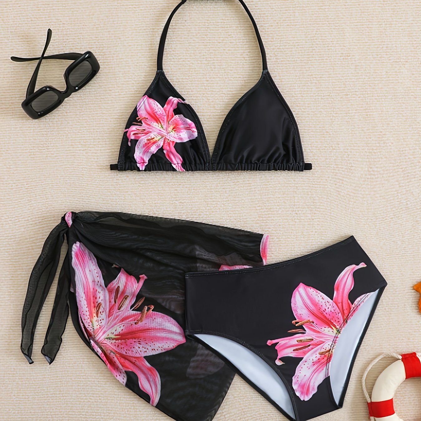 Girl's Bikini Set Swimsuit With Floral Print And Sheer Skirt, Suitable For Vacations, For Teenager