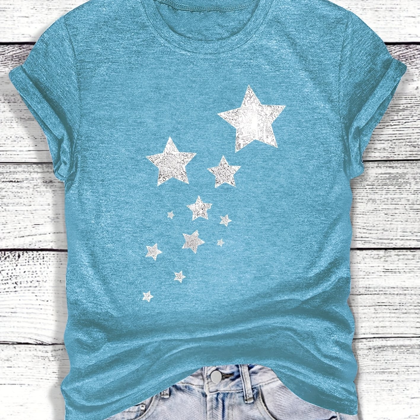 TEMU Women's Casual Short Sleeve T-shirt With Scattered Star Graphic - Relaxed Fit Round Neck, Medium Stretch Fabric, Machine Washable, , Options