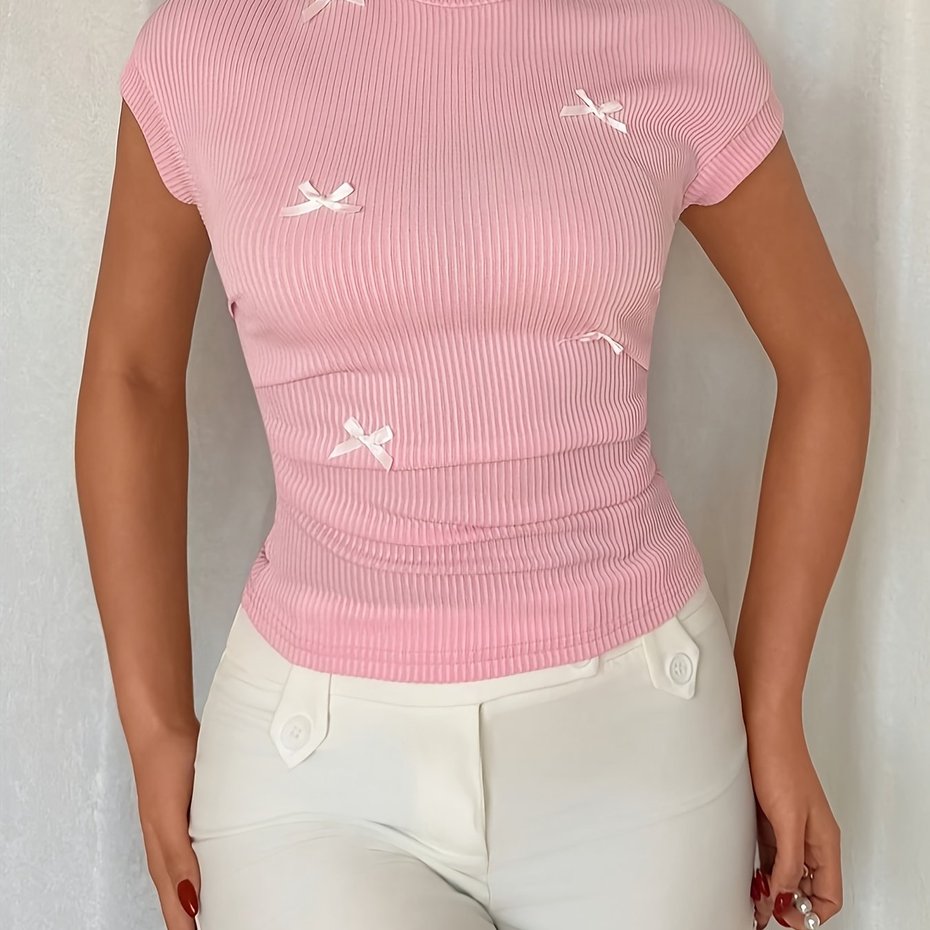 TEMU T-shirt pour femme printemps/été, simple et , à col rond avec nœud, col semi-, coupe ajustée, haut flatteur , et