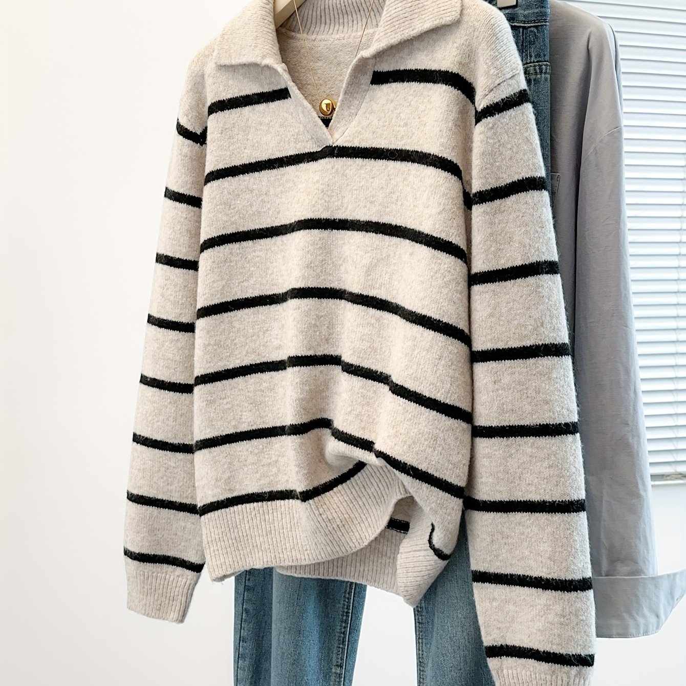 Women's Vintage Striped Contrast Long Sleeve Sweater, Fall Winter Pullover, Collar Half-open, Fabric, , Fashion