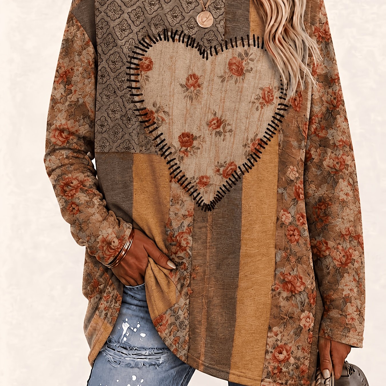 TEMU Haut grande taille vintage à fleurs et patchwork avec cœur, col rond et manches longues, haut polyvalent multi- pour les tenues décontractées et