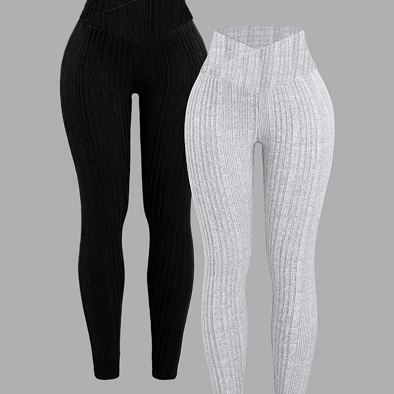 TEMU Women's 2pcs Set Stretchy Slim-fit V-waist Leggings, High-waisted, Velvet Touch, Autumn/winter Women's Clothing