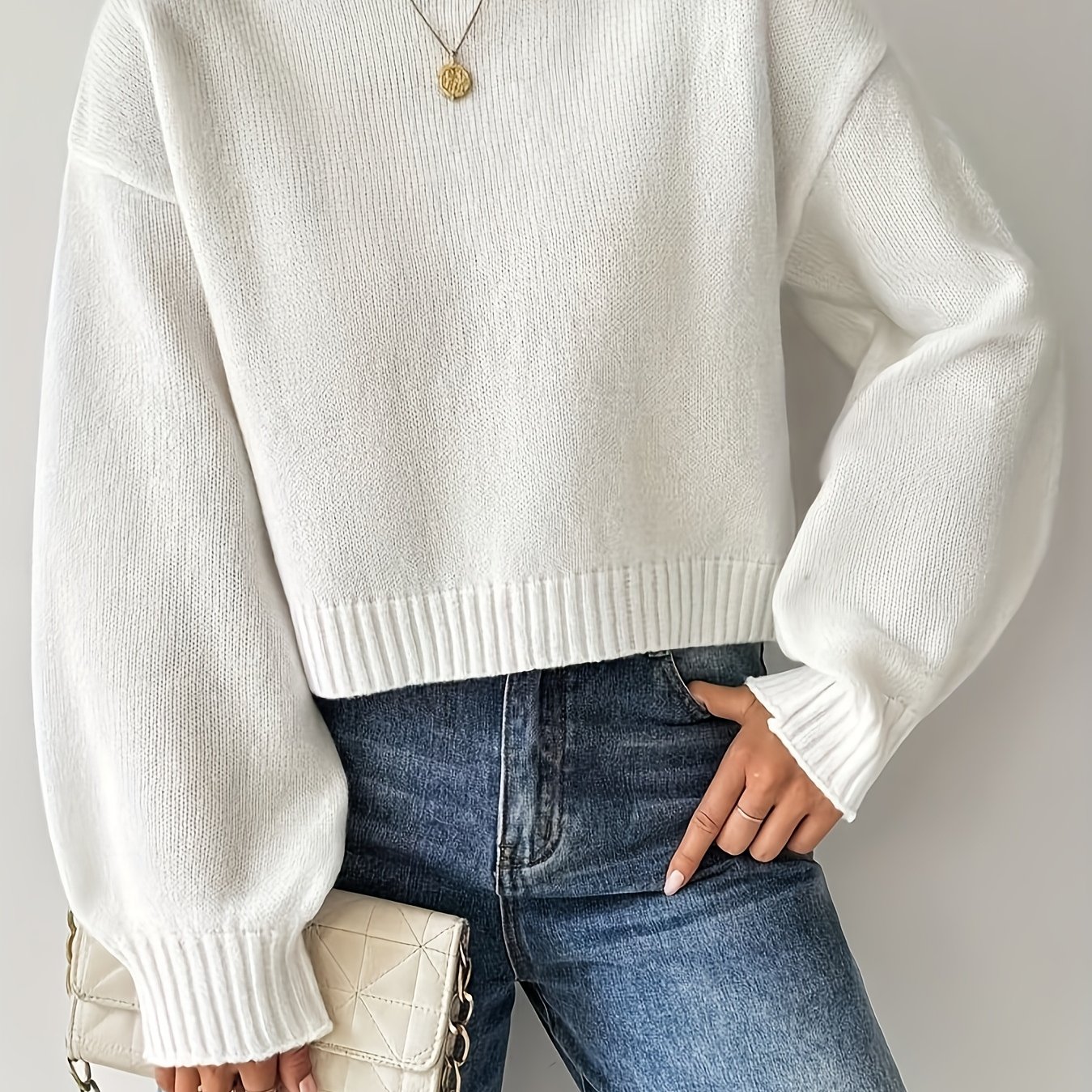 TEMU Vika-style Short Round Neck Sweater For Women, Spring/autumn Lantern Sleeve Versatile Casual Top For , , Comfortable And Fashionable