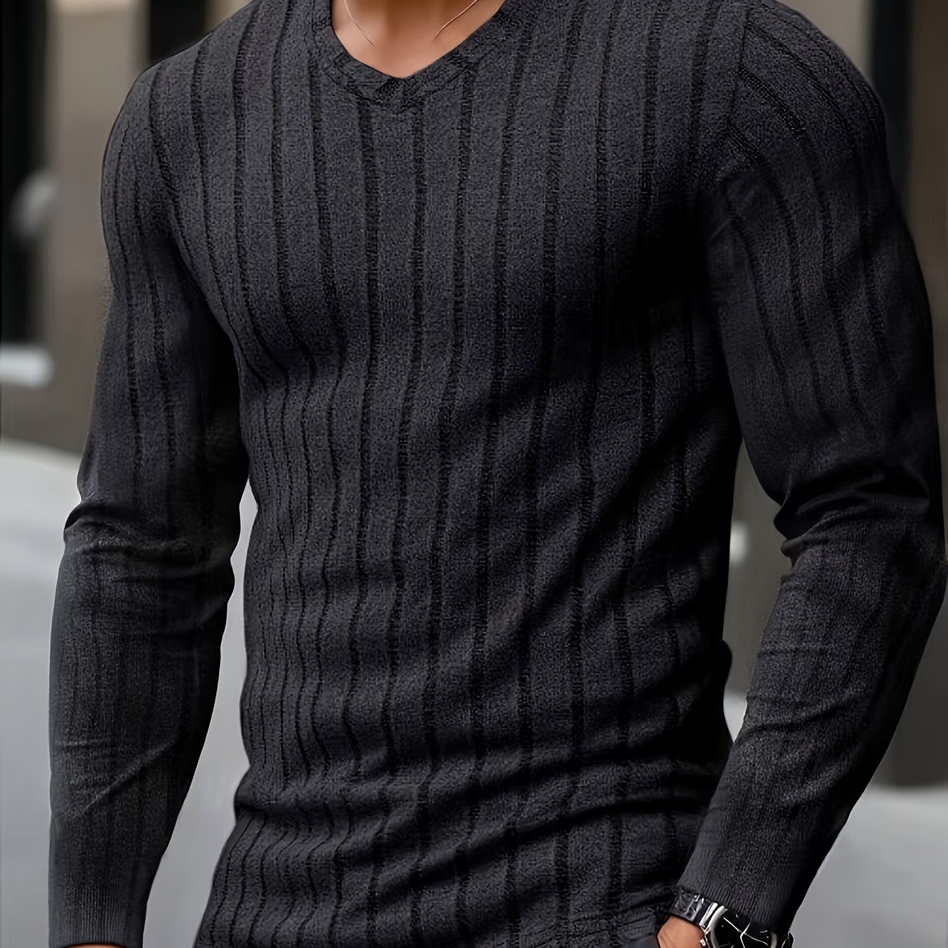 Image of Men's Fashion Men's Clothing Top T-shirt Autumn Winter Casual Ribbed Fleece V-neck Long Sleeve Men's Henley Shirt