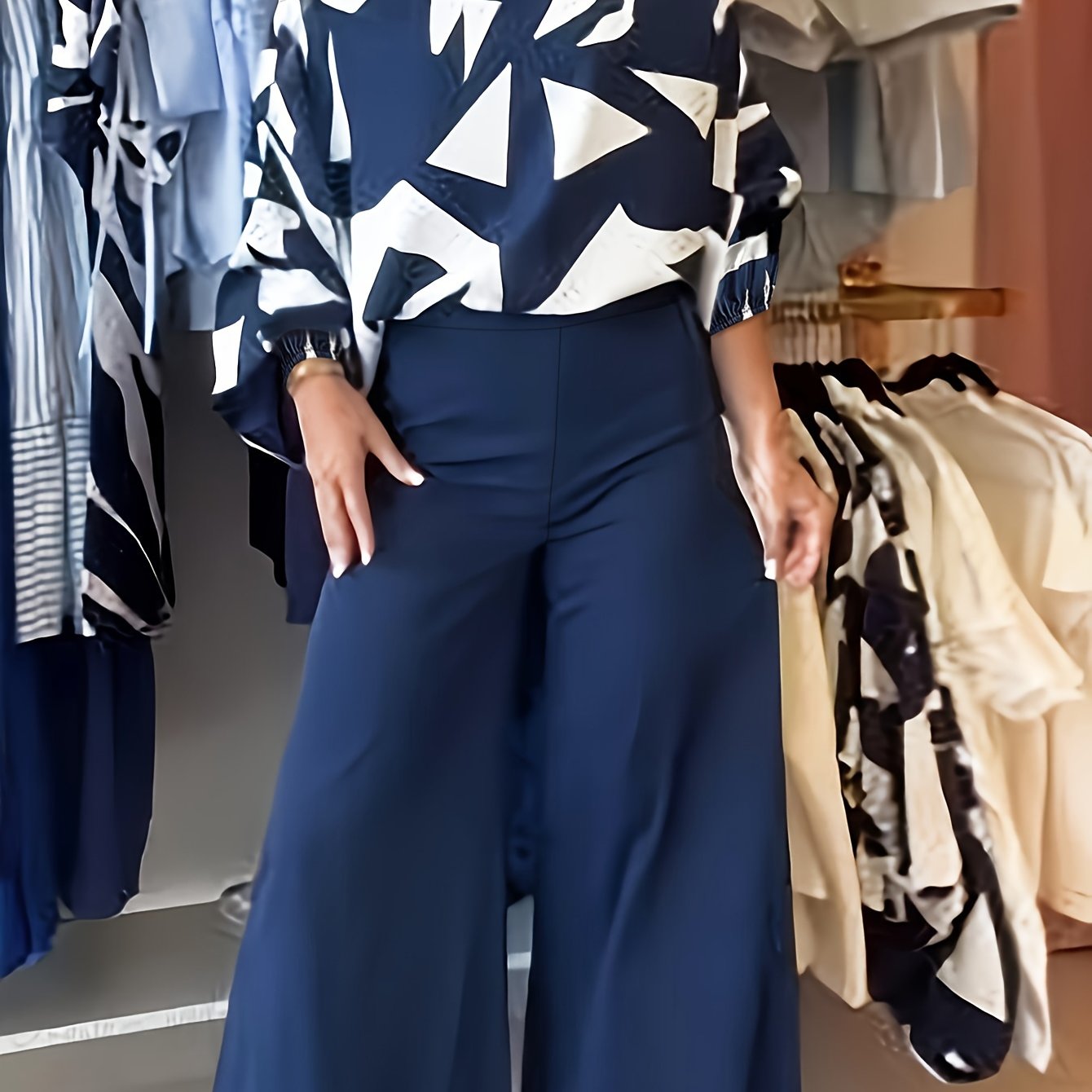 TEMU Women's Printed Top And -leg Pants Set, Blend, Off-shoulder/one-shoulder, /autumn Fashion, Two- Outfit