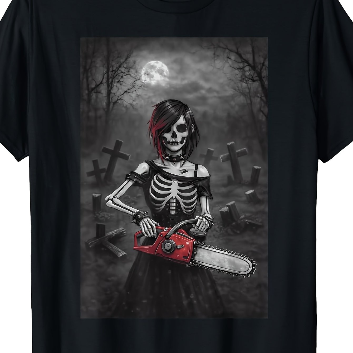 Creepy Chainsaw Goth Skeleton Girl Dark Graveyard Horror T-shirt Unisex T-shirt Unique Perfect For Home|outdoor|work|gifting (valentine's Day|birthdays|mother's Day) All Sizes Unisex