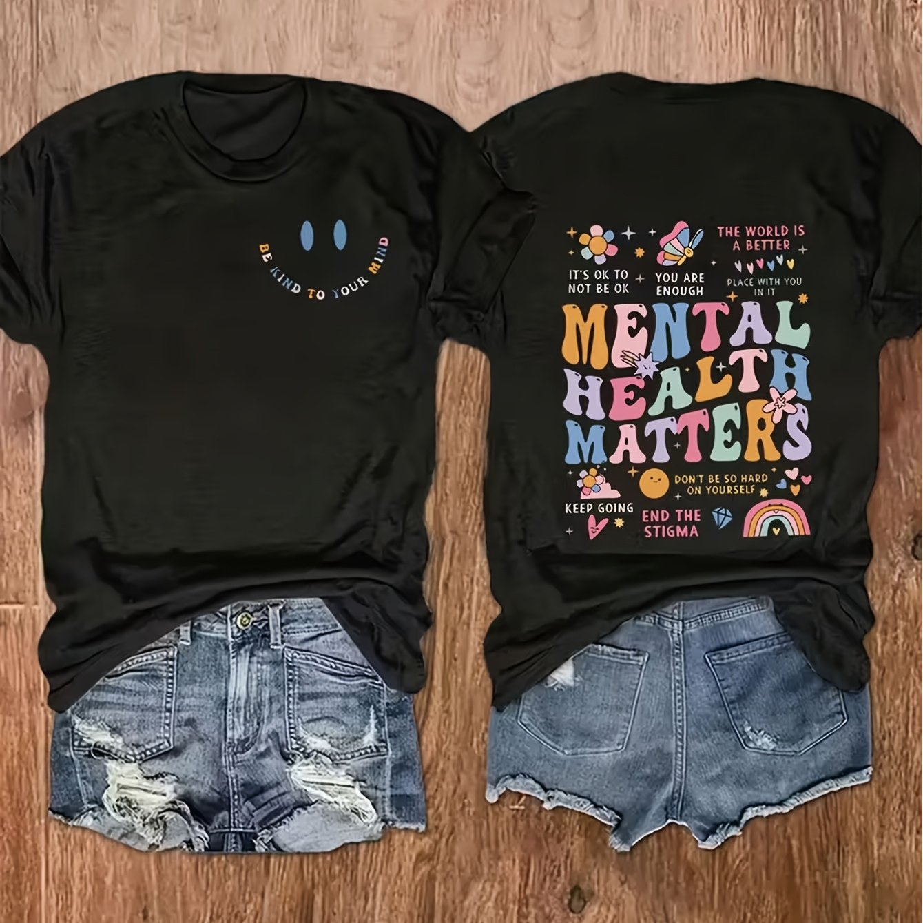 TEMU Women's Mental Health Graphic T-shirt - Black Short Sleeve Round Neck Casual Top With Text And Colorful Hearts, Comfortable Spring/summer Style,