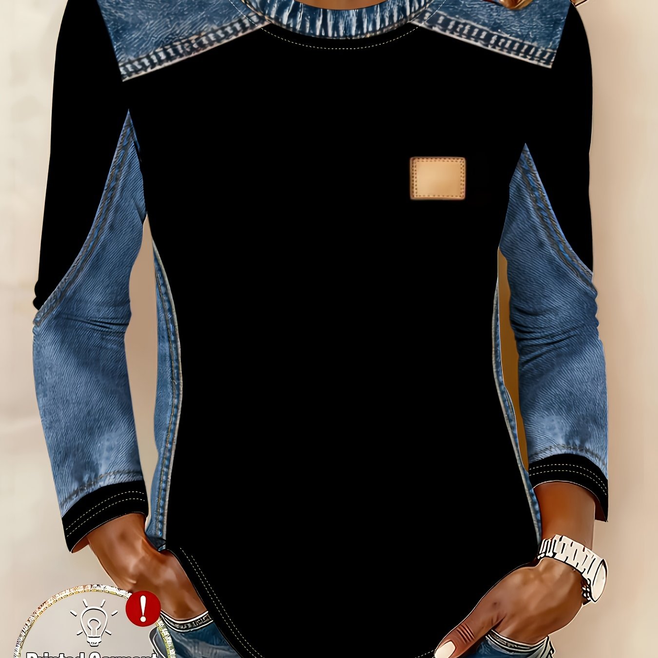 E-shop [Bedruckte Hose - Kein Jeansstoff] Elegantes Damen T-Shirt mit Langarm und Aufdruck - Schickes, digital bedrucktes Patchwork-Muster aus -Denim,