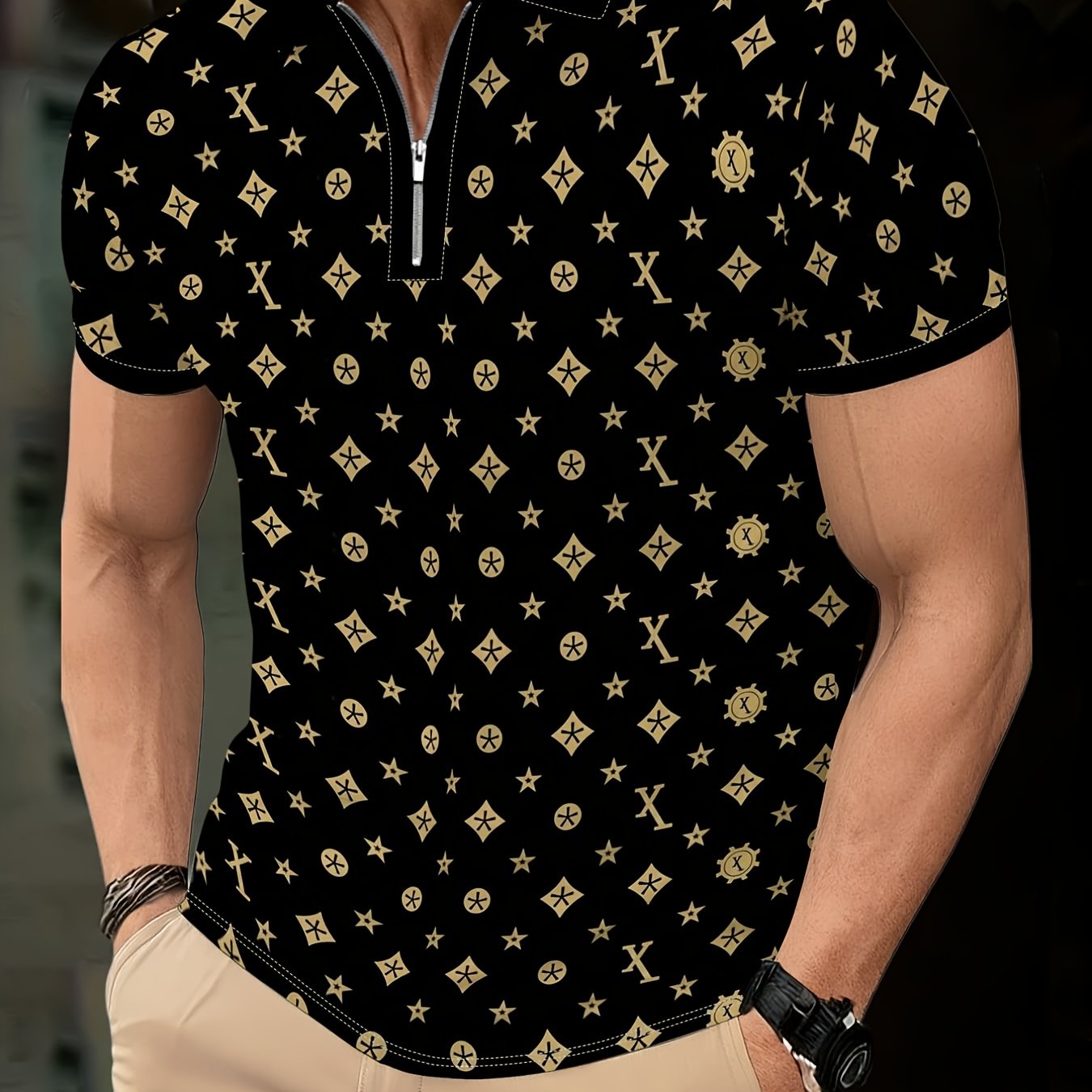 Image of Men's Fashion Zip Shirt Summer Printed Lapel Short Sleeve T-shirt Business Casual Versatile Breathable Top Youth Slim Fit Half Sleeve Undershirt Daily Outerwear Women's