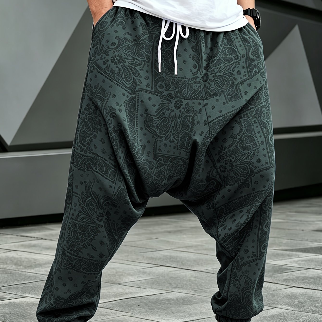 TEMU Men's Flower Harajuku Pants, Loose Low-crotch Joggers, Hip-hop Street Style Casual Athletic Trousers For Teenagers, Trendy Brand Print Joggers,