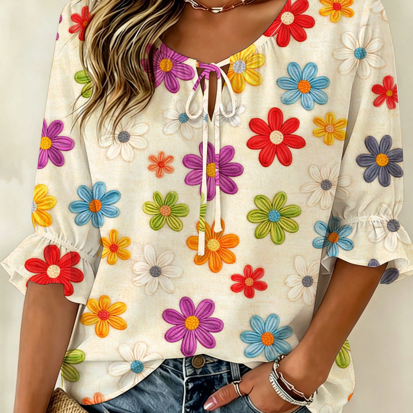 Image of Plus Size - Women's Vintage Color-block Floral Print Fashionable Round Neck Three-quarter Sleeve Shirt Trendy Colorful Travel And Holidays