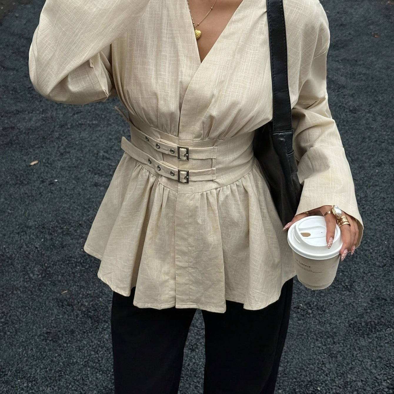 TEMU Cinch Waist Double-breasted Double-belt Long Sleeve Shirt, Apricot, Suitable For Work And Vacation, Fall Top