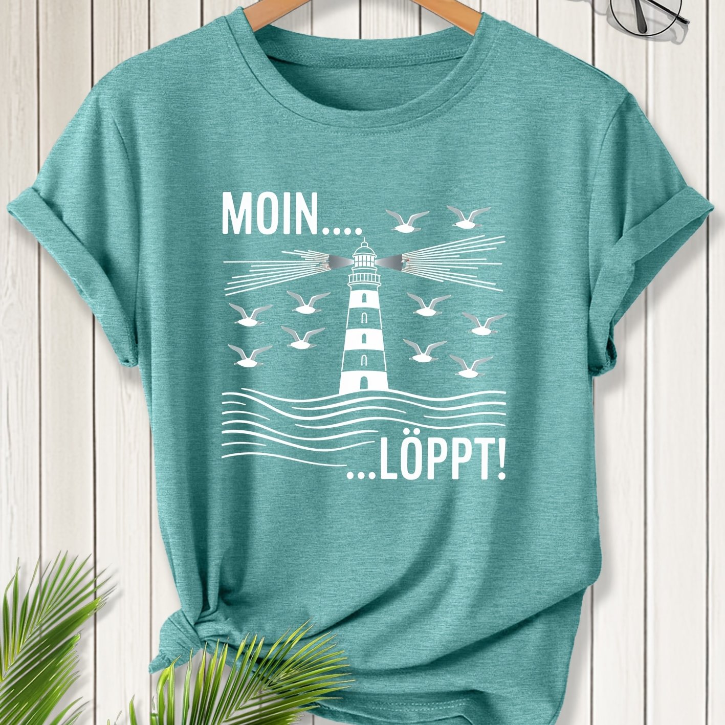 TEMU Elegantes Damen T-Shirt mit kurzen Ärmeln im Strand-Stil, MOIN Möwen-Print, Rundhalsausschnitt, geeignet für Frühling, Sommer, Herbst, modisches