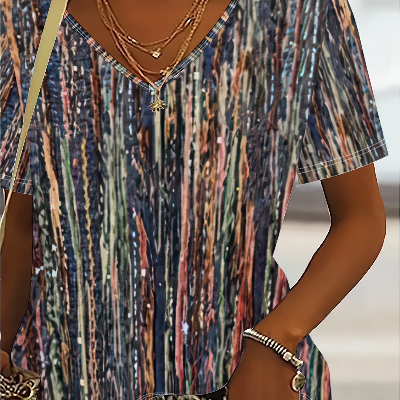 TEMU Plus Size, Plus Size Women's V-neck Short Sleeve T-shirt, Multicolor Artistic Abstract Vertical Stripe Print Top, Bohemian , For Daily Shopping,