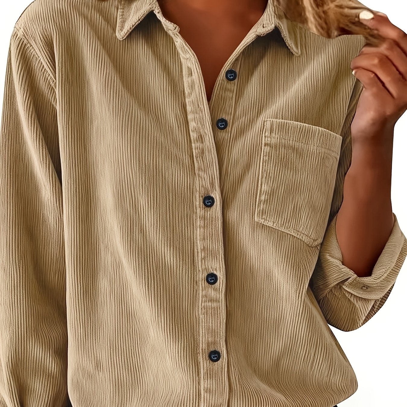 TEMU Corduroy Solid Color Basic Long-sleeve Shirt