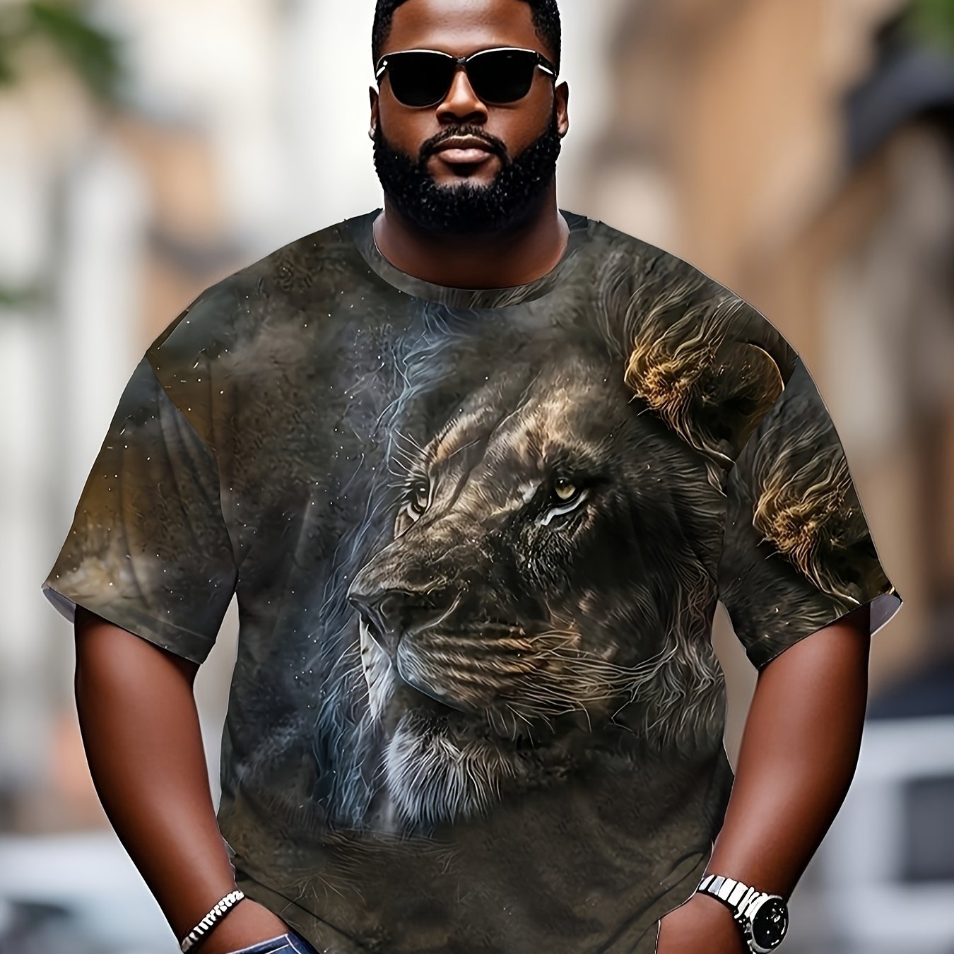 TEMU Men's Lion T-shirt - Pattern Short Sleeve Crew Neck Top, Regular Fit Casual Shirt, Suitable For Outdoor, Party, And Daily Wear - Machine