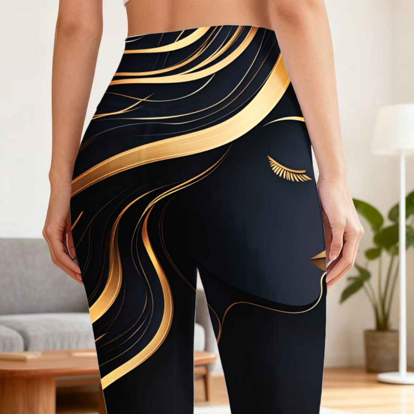 High Waist Yoga Pants Black Golden Abstract | Women Activewear Leggings For Gym Workout Fitness Running, , Regular Style With Slight Stretch Fabric