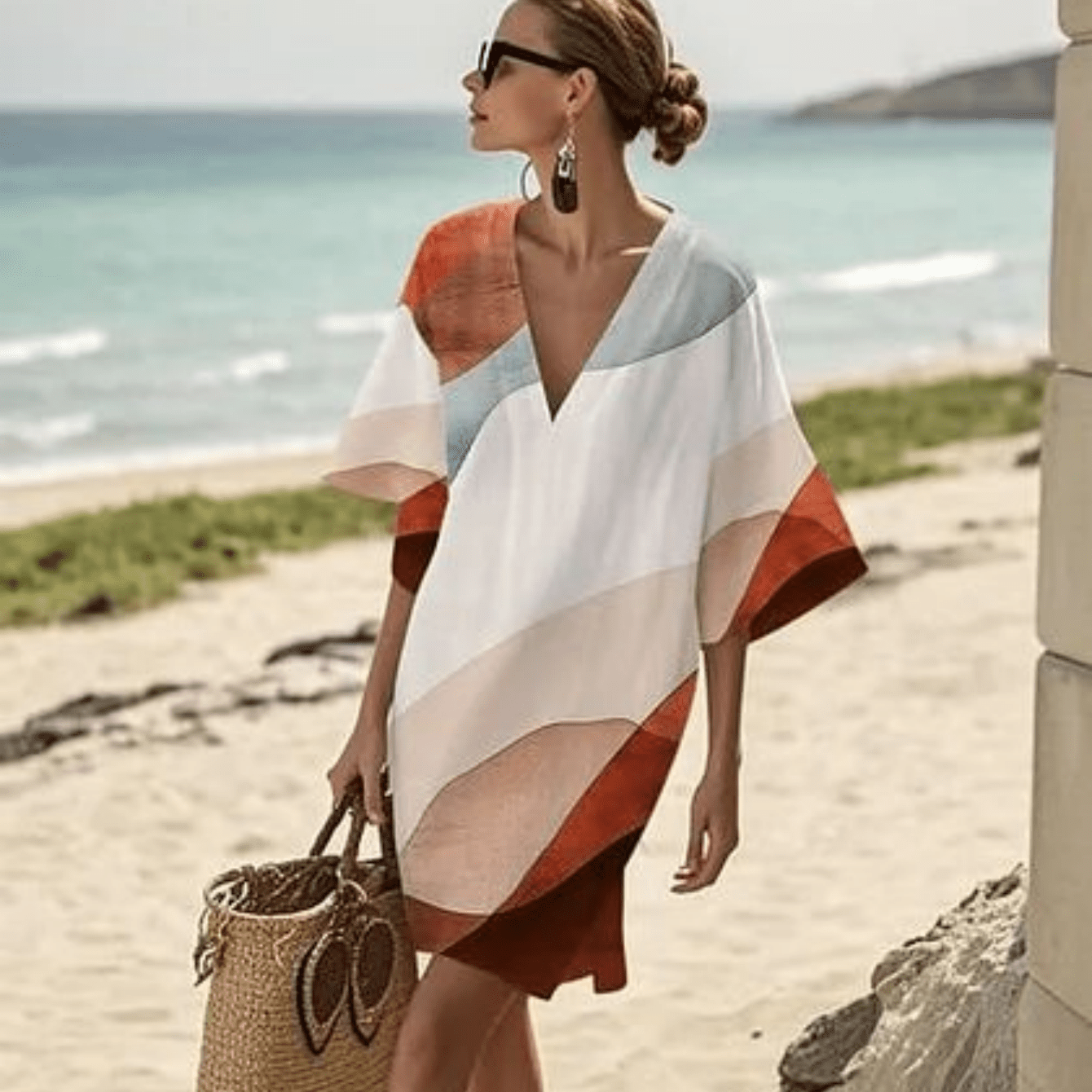 Women's Warm Tone Abstract Block V-neck Dress, Gradient Vacation Loose Midi Dress