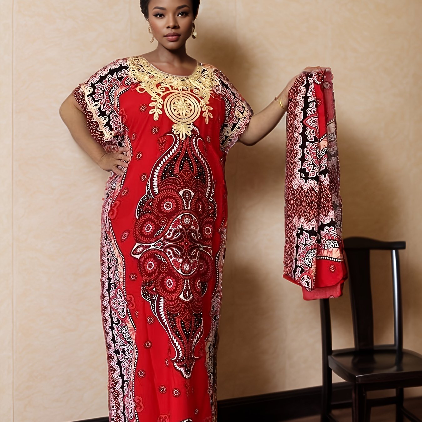 Image of Elegant Floral Print Maxi Kaftan Dress - Round Neck, Batwing Sleeve Embroidered Robe Ramadan Middle Eastern Women's Robe