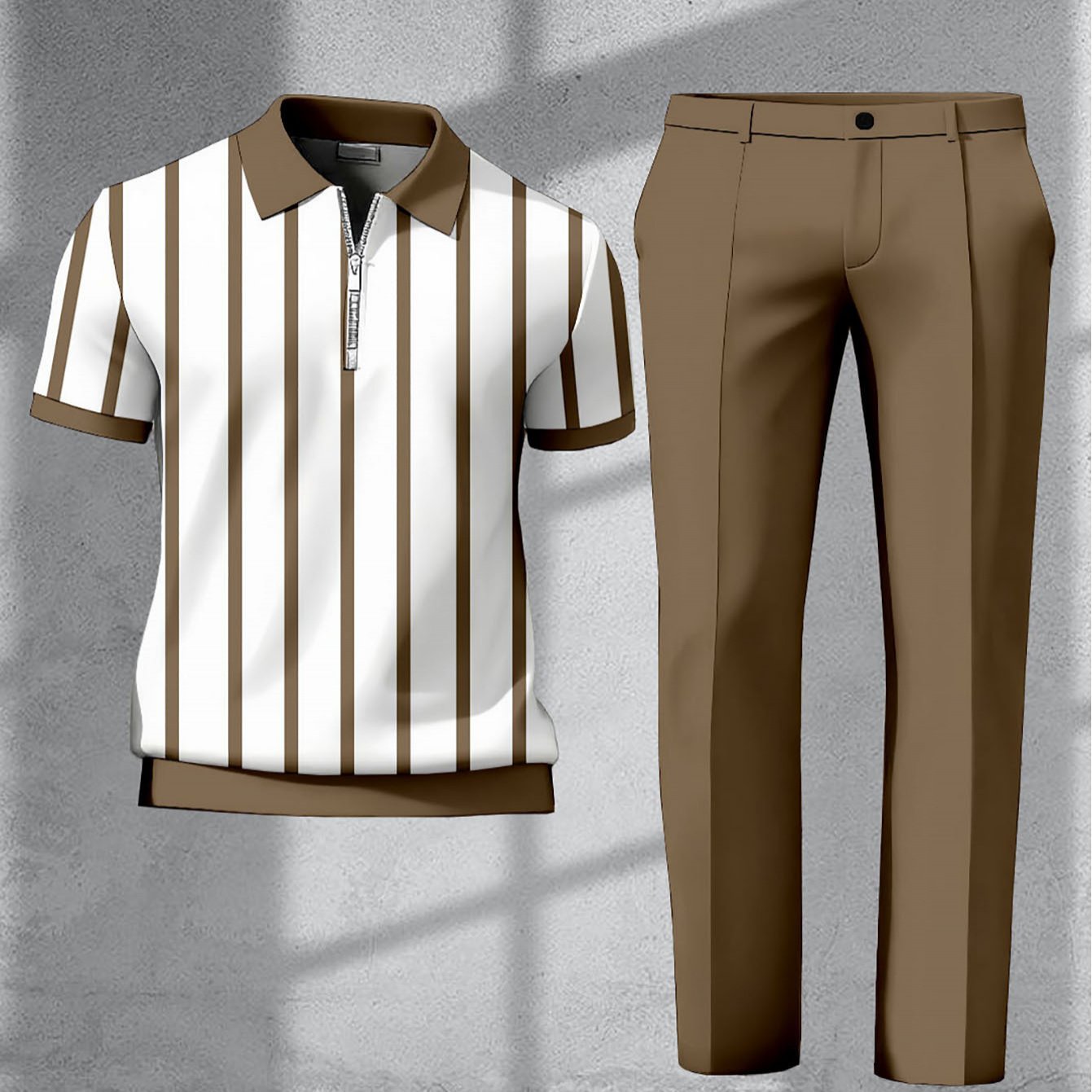 Image of Men's Casual Vertical Striped Zip Shirt And Pants Set, Brown Printed Short Sleeve Shirt, Regular Version 2pcs Set, Suitable For Vacation And Daily Street Fashion Clothing