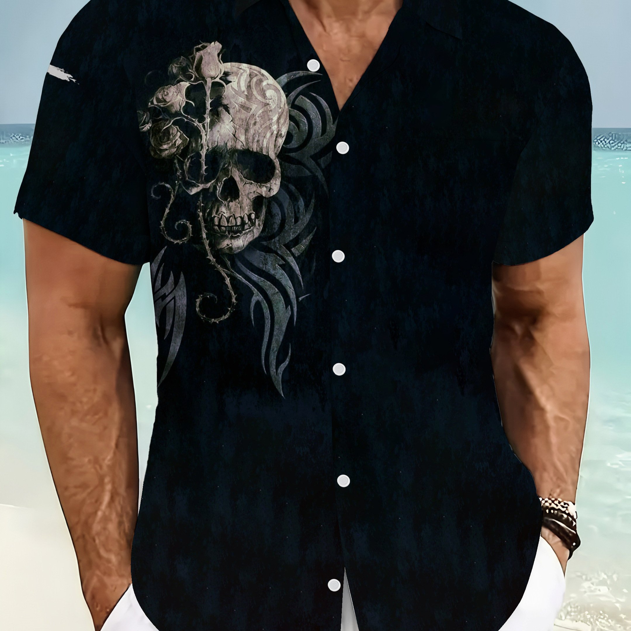 TEMU Men's Black Skull And Pattern Casual Shirt, Short Sleeve Design, -garde Graphic Print, Suitable For Halloween, Parties, And Daily Wear