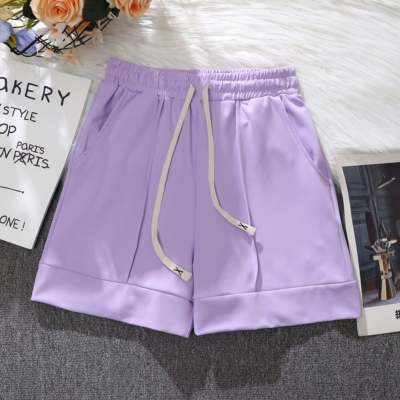 TEMU Summer New Solid Color High-waisted Drawstring Wide-leg Shorts For Women, Loose Slim-fit Casual S Hot Pants