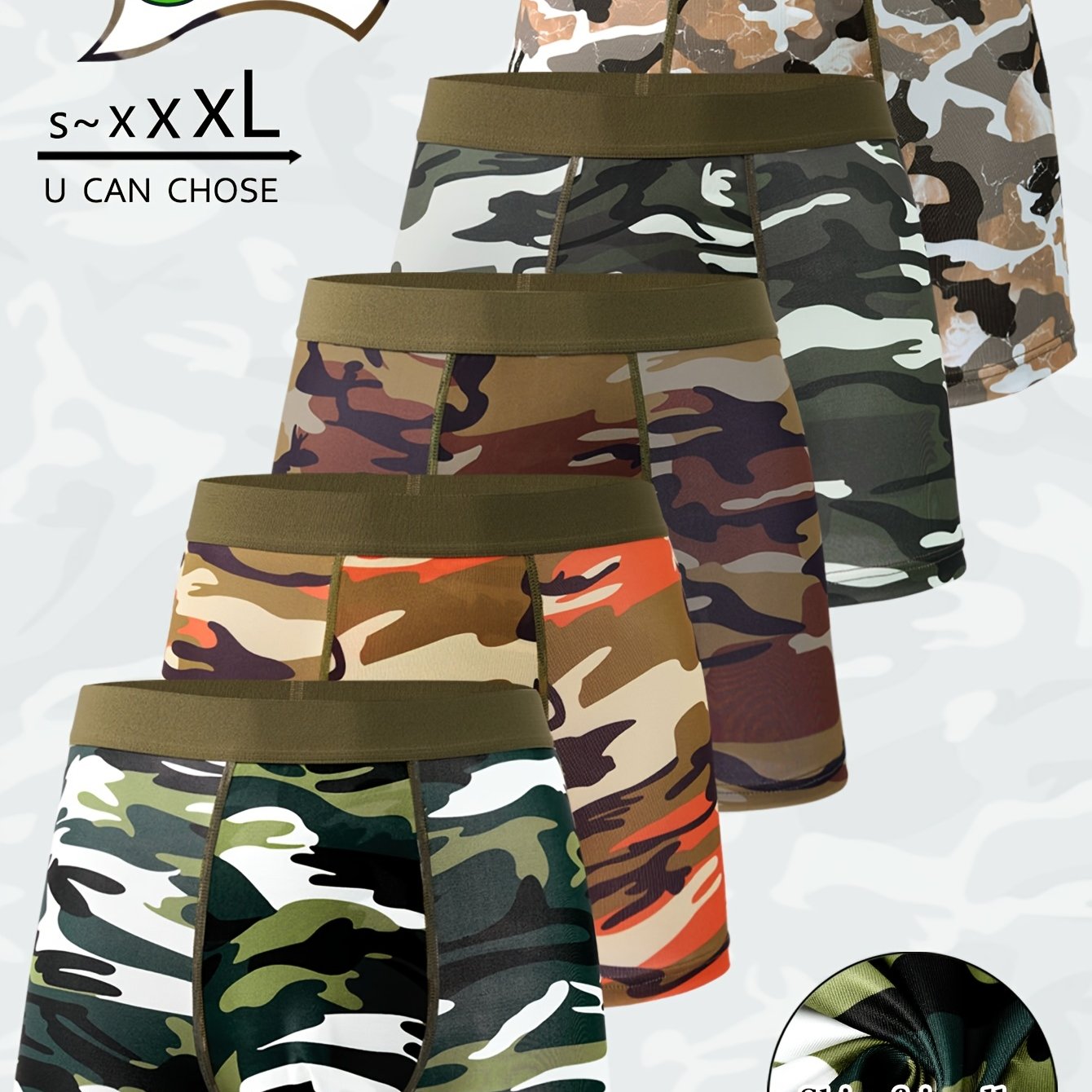 Image of Camouflage Print Men&;s Short Boxer Briefs, 5pcs Sports Cycling Men&;s Shorts, Breathable Comfortable Stretchy Underwear, Suit To Casual And Sport Wear