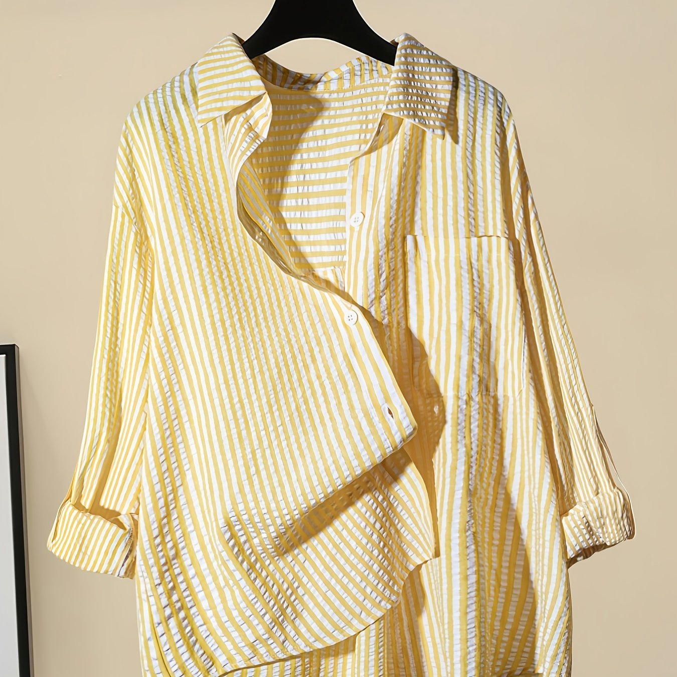 Image of 2026 New Style Yellow & White Contrast Bubble Fabric Striped Blouse For Women - Loose Cardigan, Versatile & Skin- Spring Summer Top
