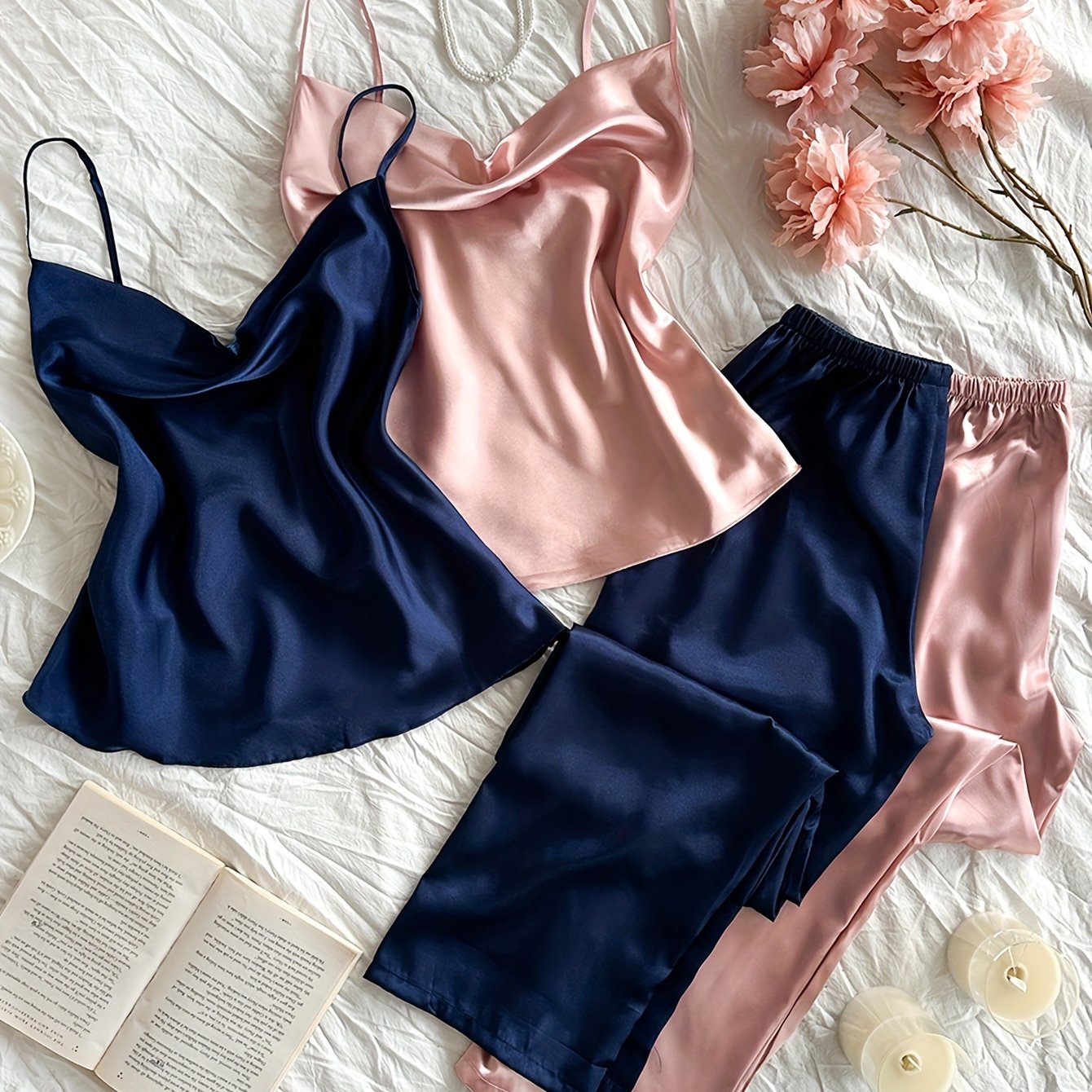 TEMU 4pcs Set Women's Autumn/winter Slouchy Collar Solid Color Faux Y Breathable Comfortable Casual Sexy Camisole Long Pants Pajama Set