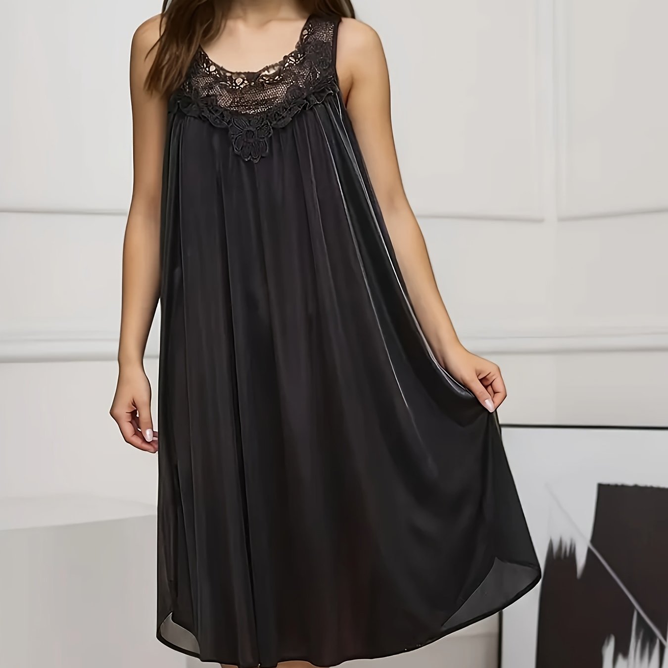 Image of Plus Size Women's Dress, Summer Sleeveless Round Neck Lace Trim Nightgown, Comfortable Soft Loungewear