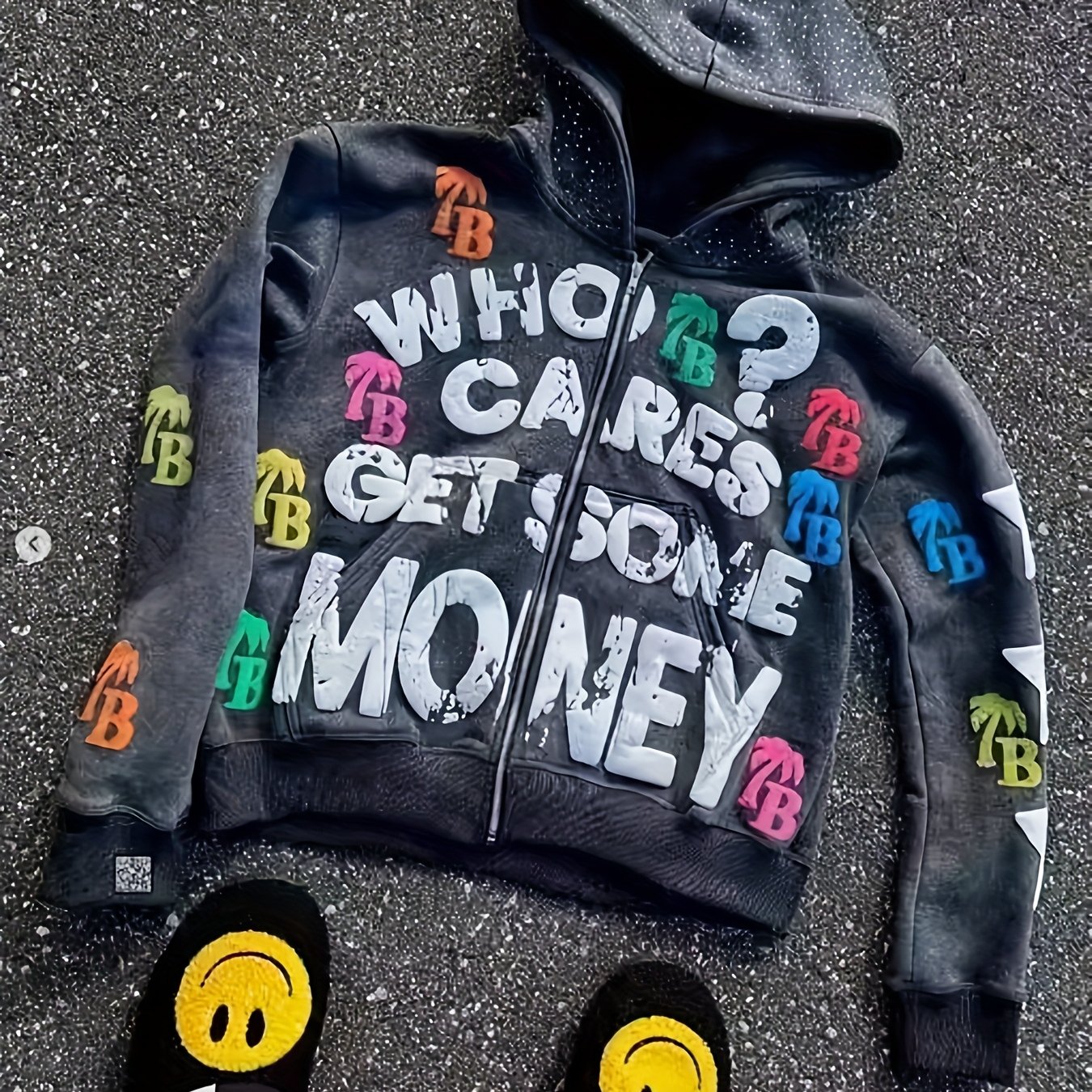 TEMU Unisex Zip-up Hoodie Featuring A Colorful ', Money' Letter Print, Designed In A Streetwear Style. This Casual Long-sleeve Sweatshirt Is Hip Hop