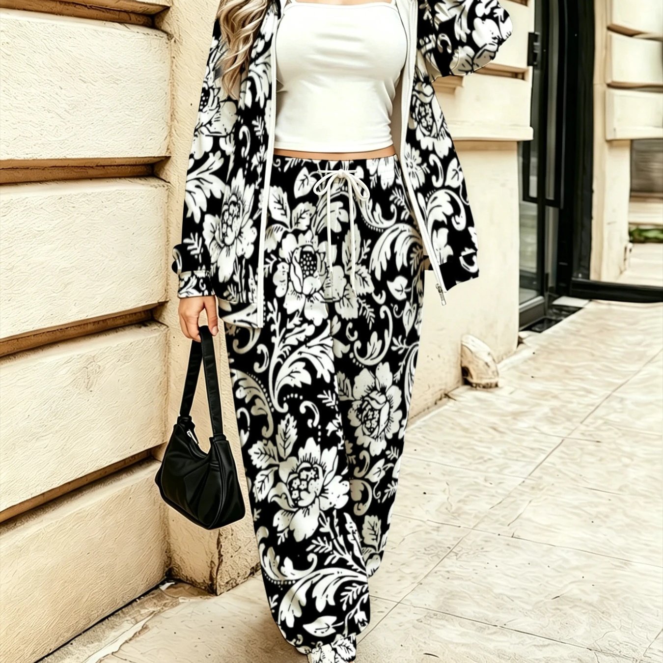 TEMU Plus Size, European And Style Black And White Vintage Floral Zipper Hooded Sweatshirt Set For Women, Spring And Autumn Casual Loose 2pcs Set
