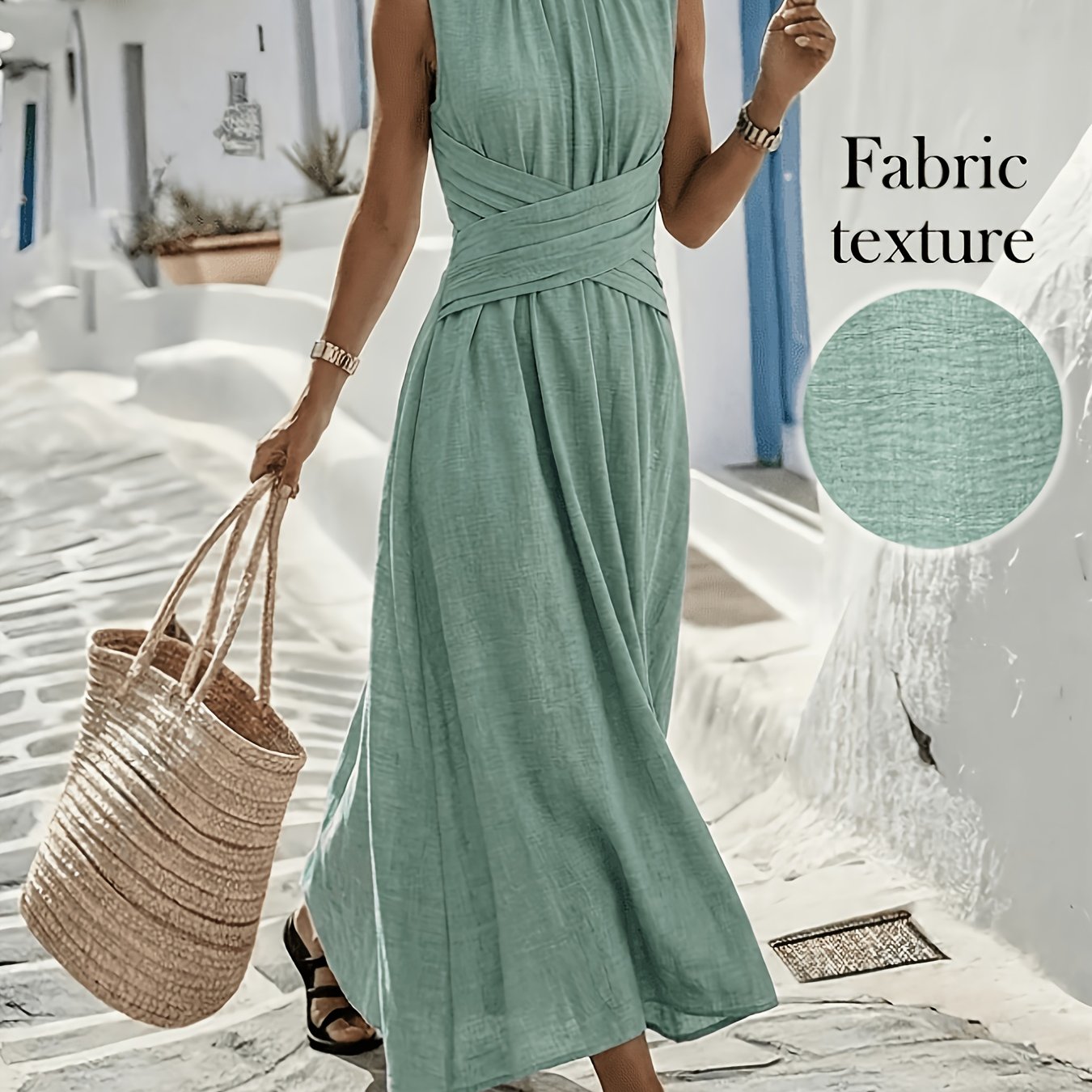 TEMU New Sleeveless Round Neck Waist-cinching Maxi Dress For Women