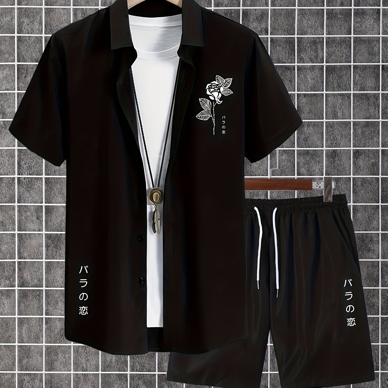 TEMU Casual 2-piece Set, Short Button- Shirt And Shorts, Regular Fit, Printed , Button Closure