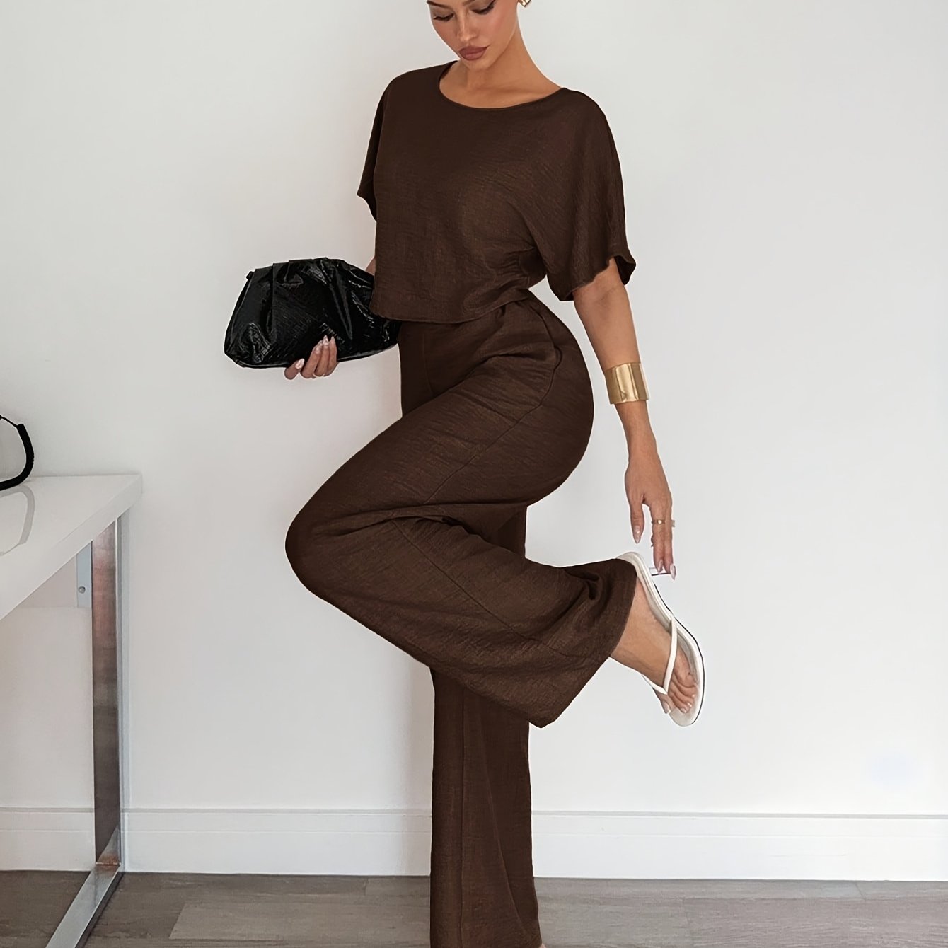TEMU 2pcs Women' Color Pleated Shirt And Pants Casual Set, Brown, Summer Wear, Casual, Brown