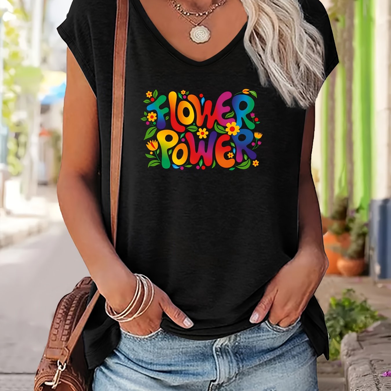 TEMU Plus Size, V-neck Cap Sleeve Floral Power Print Women's V-neck Tank T-shirt Casual Sleeveless Shirt, V-neck Regular Length Lightweight Stretchy