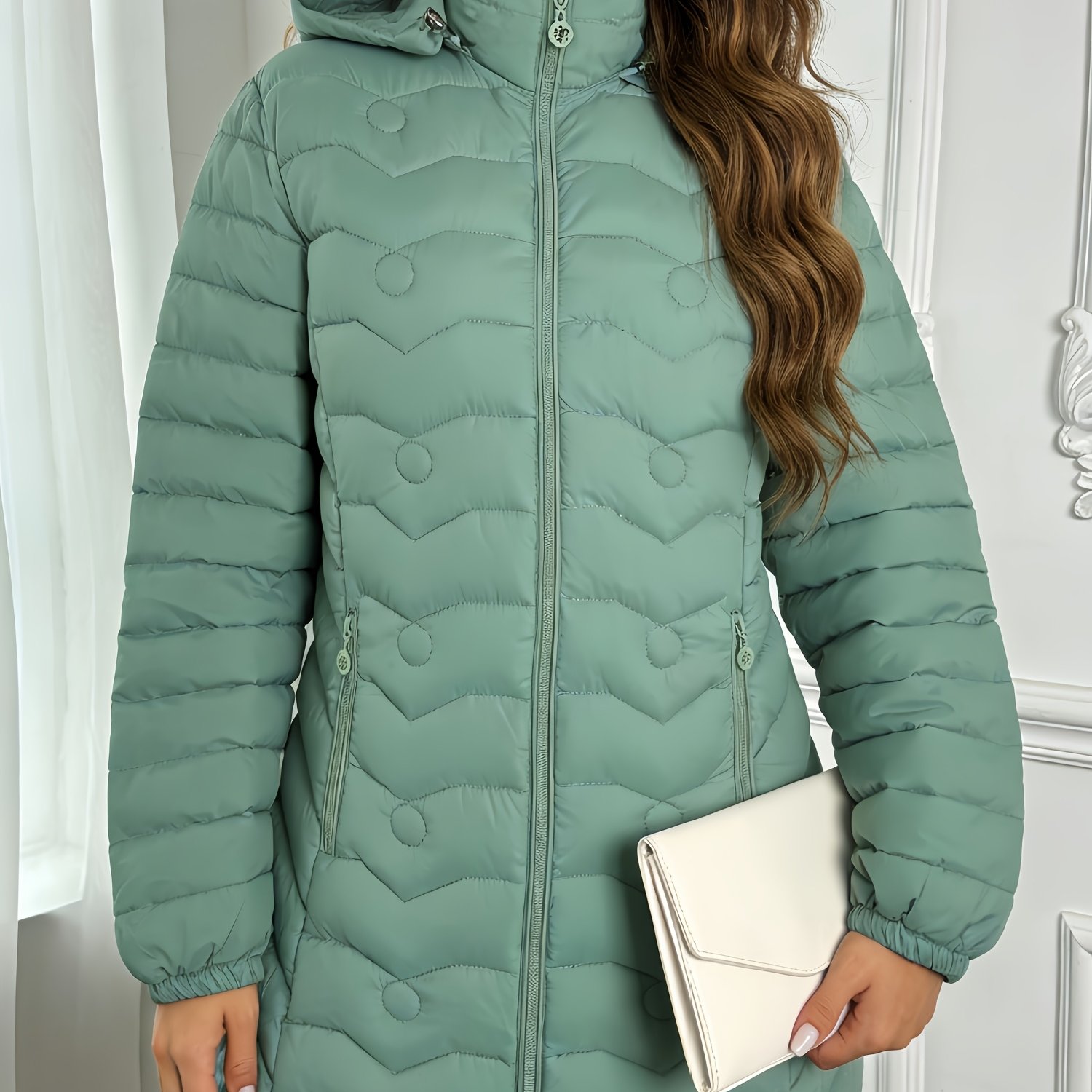 TEMU Hellgrüne Damen-Jackenjacke mit Kapuze, mittellang, für Herbst/Winter, schlichtes Steppmuster, süß frisch, hübsch jugendlich, lässig bequem, für