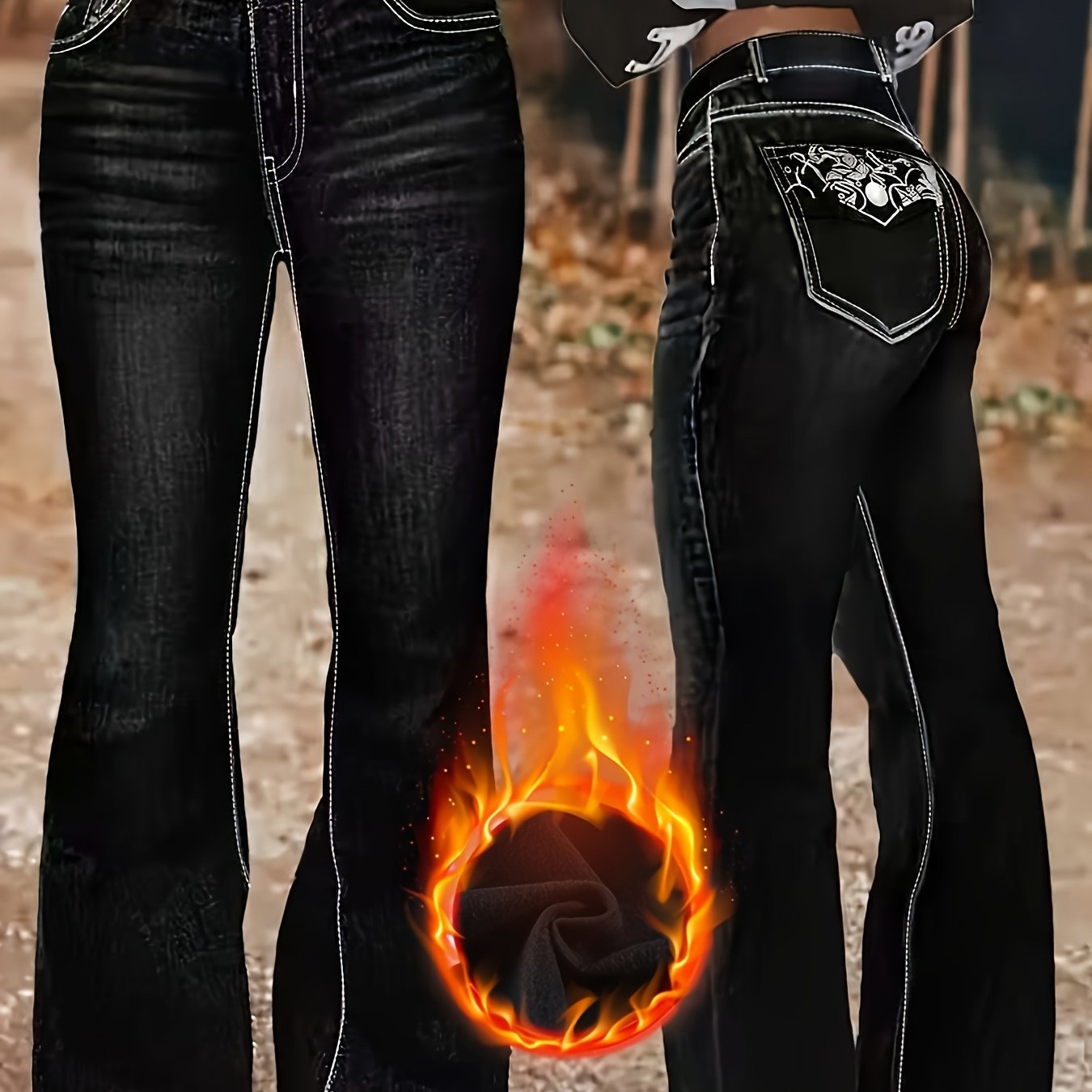 Black Retro Geometric Pattern Personalized Embroidered Pocket Micro Flared Pants Slim Elastic Flared Pants Retro Casual Going Out Women's Fleece-lined Jeans