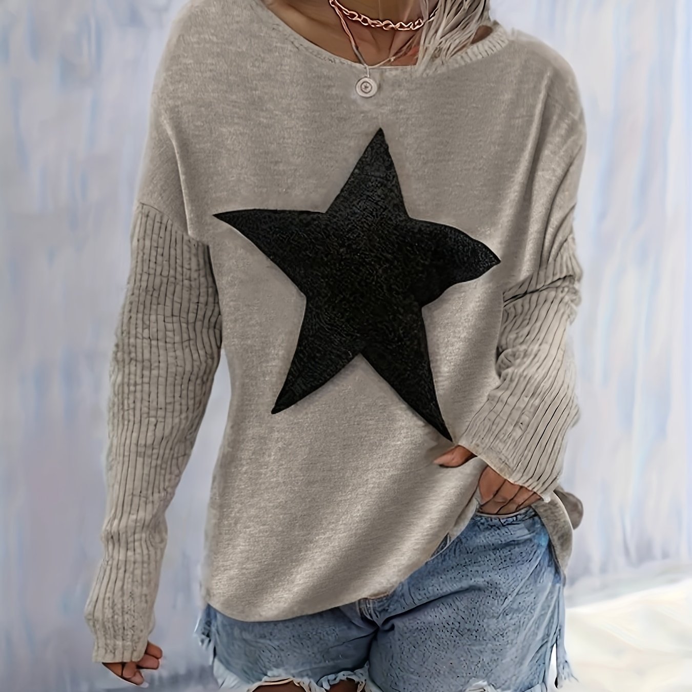 Pentagram , Comfortable Sweater, Elegant Style Long Sleeve Ribbed Sweater, Women's Sweater
