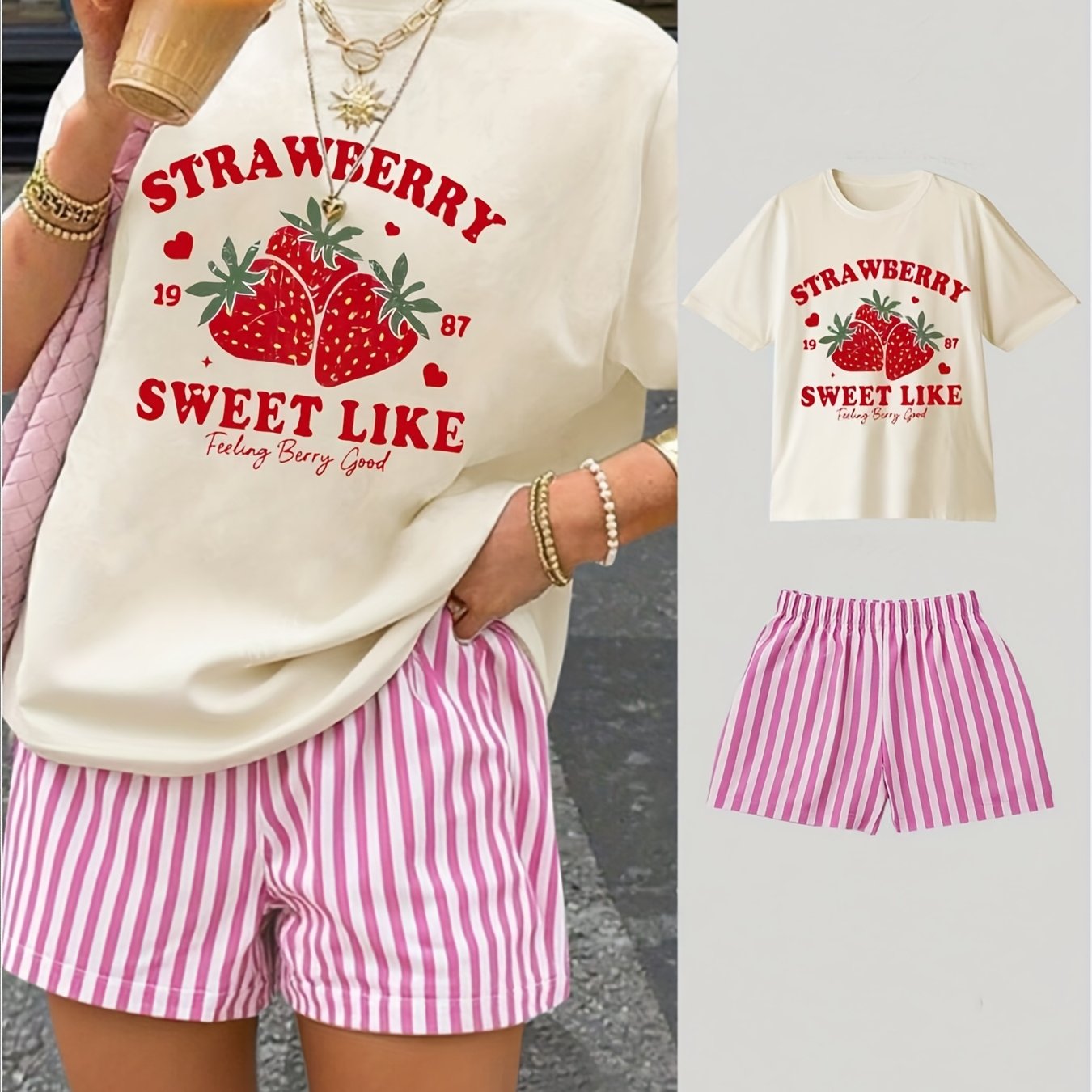 Plus Size, 9009 Strawberry And Letter Print Women's Oversized Short Sleeve Top Pink Striped Shorts Set Summer Casual Outfit