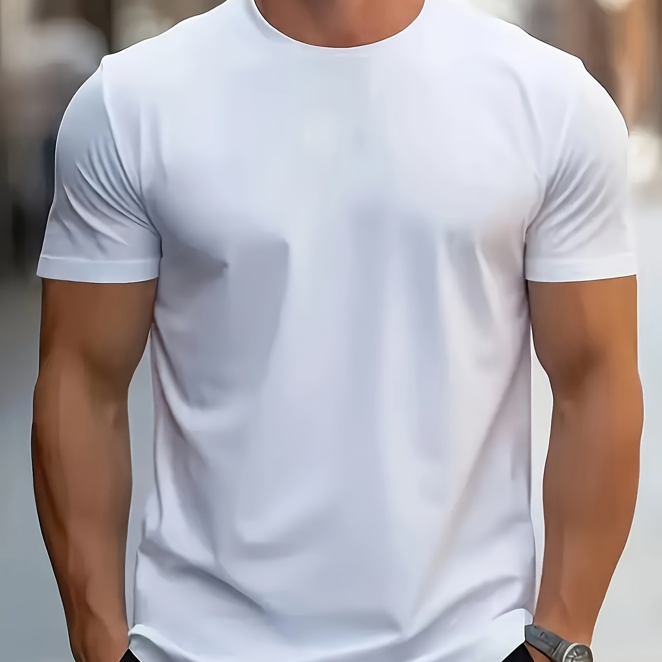 TEMU Men's Color T-shirt - Polyester Blend (95% Polyester, 5% Elastane), Regular Fit, Crew Neck, Knit Fabric, Slight Stretch, Short Sleeve Tee