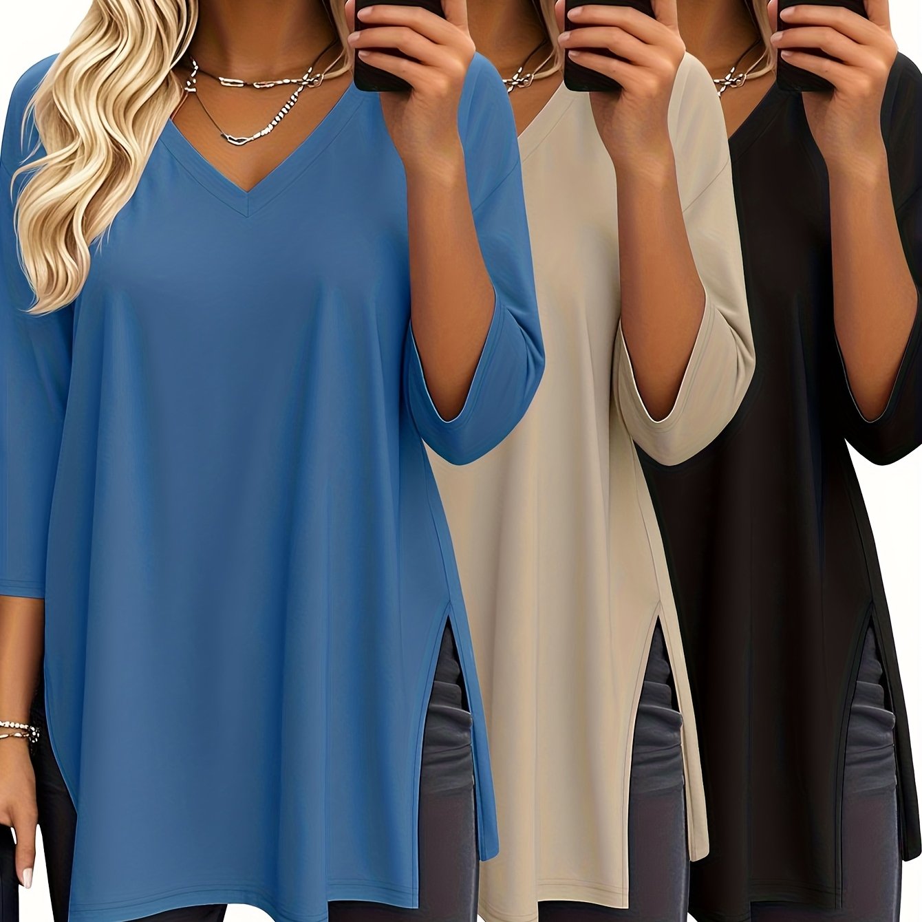 TEMU 3-teiliges Set Damenmode Oversized Top mit 3/4-Ärmeln, V-Ausschnitt Y Freizeit-Shirt mit Seitenschlitz, lockeres Basic-T-Shirt mit