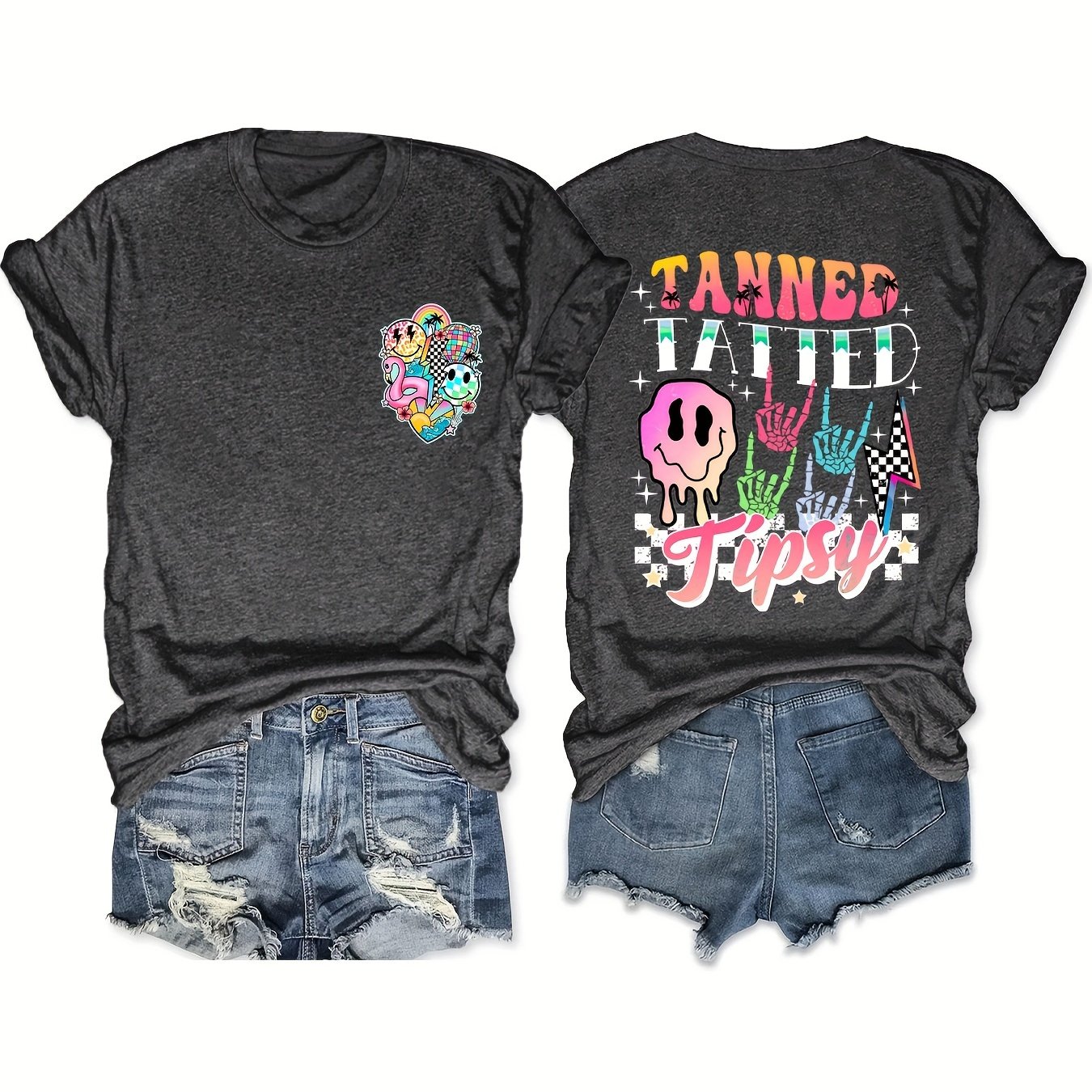 TEMU Women's Casual Short Sleeve T-shirt - Double-sided Tattoo & Graphic Print, Black With Colorful Lettering, Round Neck, Machine Washable, , Versatile Clothing, Design,