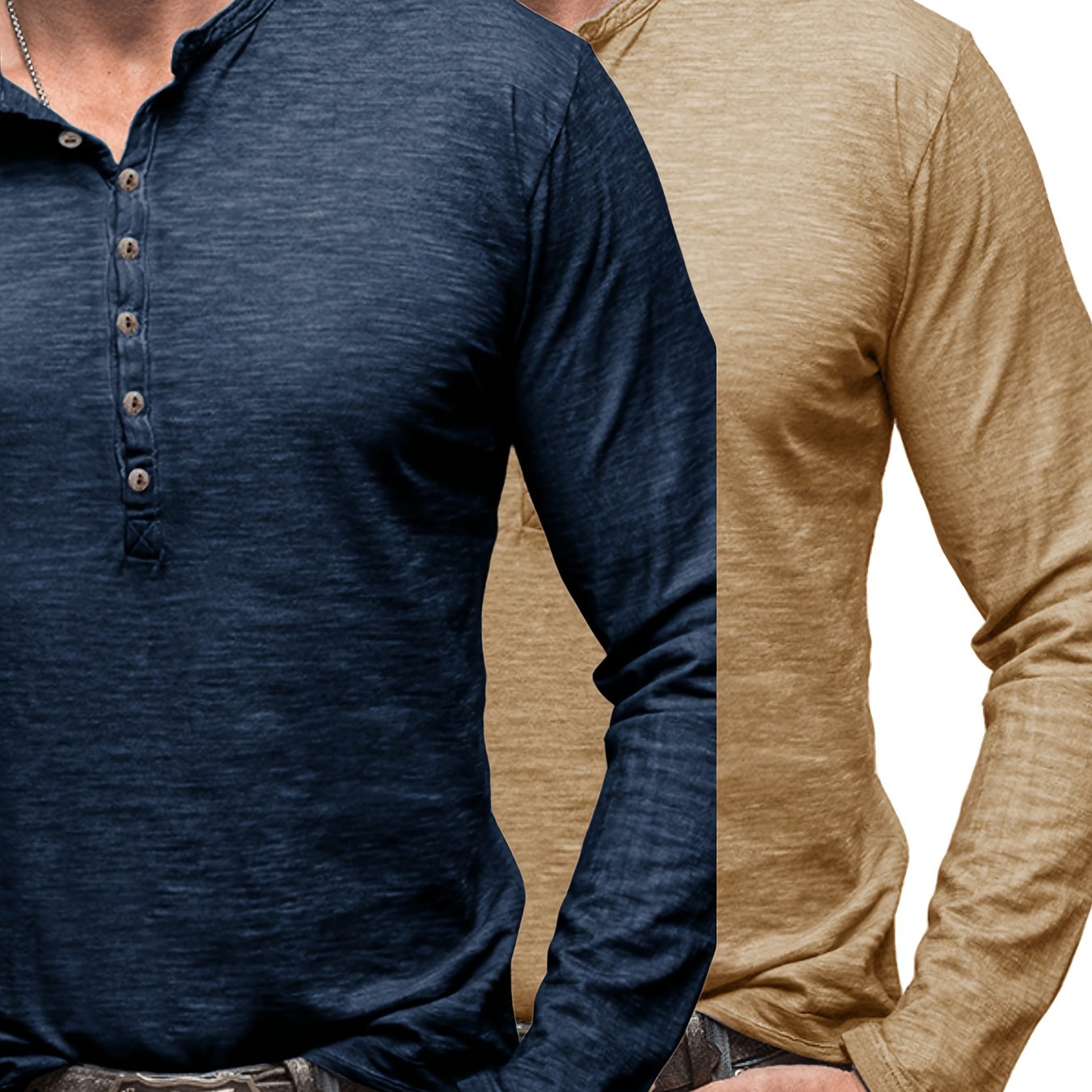 Image of 2pcs Set Men's Long-sleeve T-shirts For Fall 2026, Outdoor Henley Shirts Made Of 100%, Solid Color Men's Henley Shirt, Men Casual Long Sleeves Top, With Buttons, Round Neck, Spring/autumn Models
