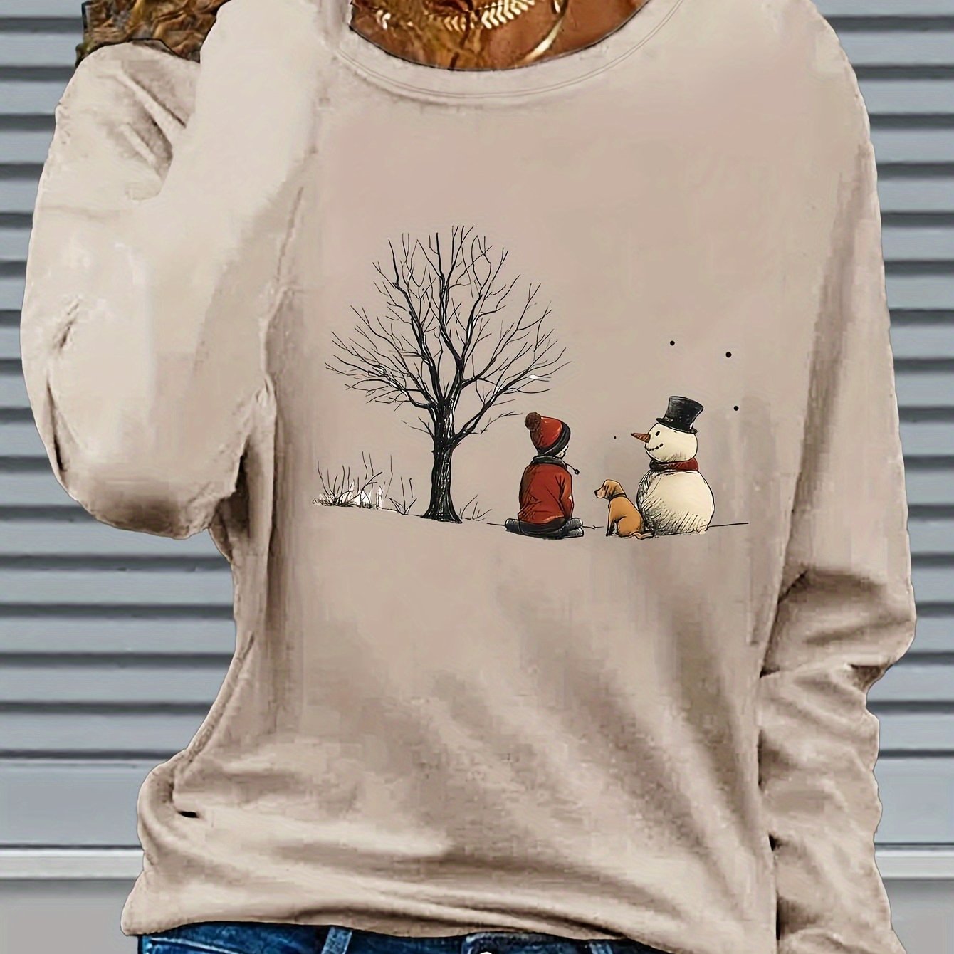 TEMU Graphic Print T-shirt, Long Sleeve Crew Neck Casual Top For Spring & Fall, Women's Clothing