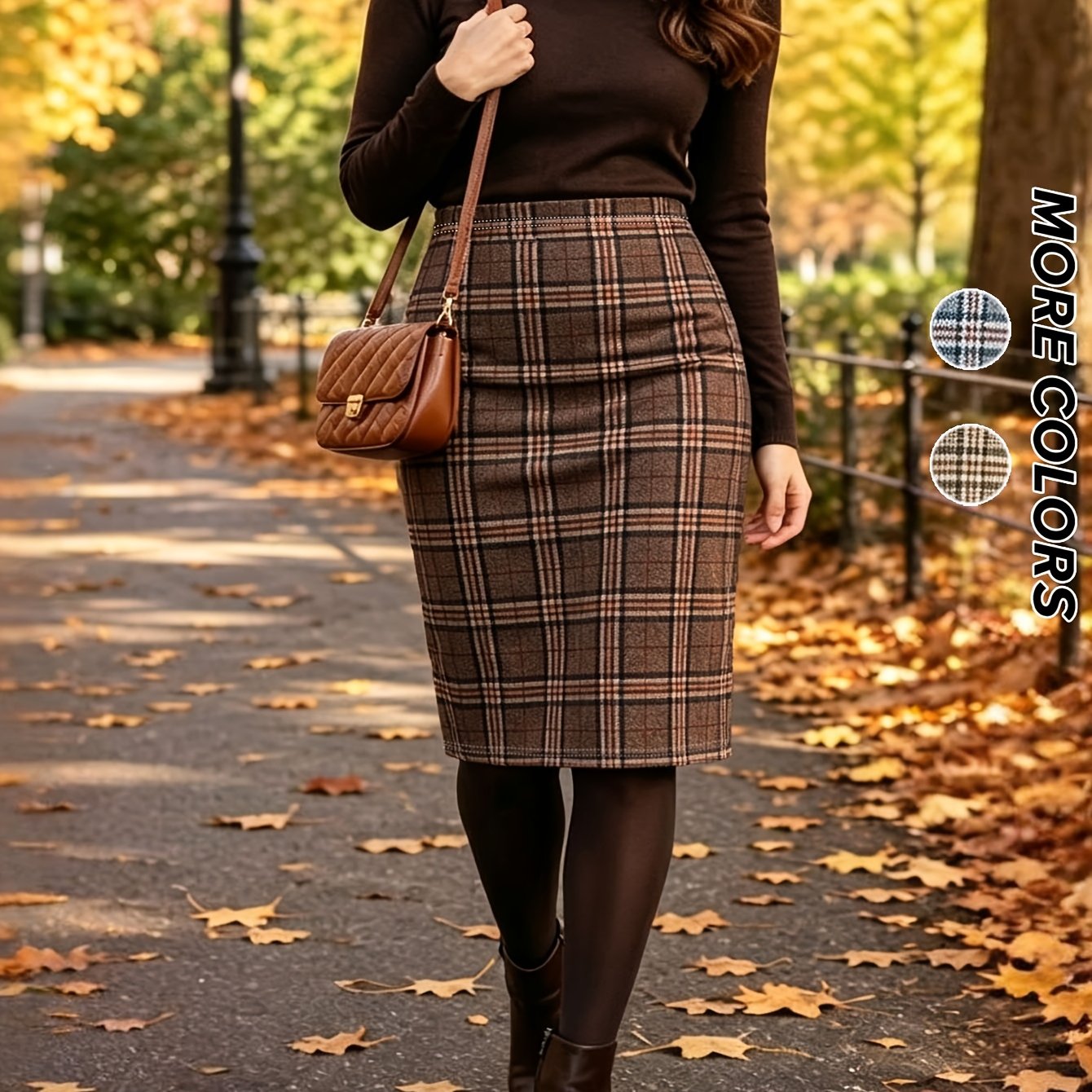 Plus Size - Plus Size Women's Fall Commuting High Waist Brown Tartan Print Pencil Skirt, Vintage Bodycon Skirt For Office , Casual Daily, Street & Date, Weekend Out